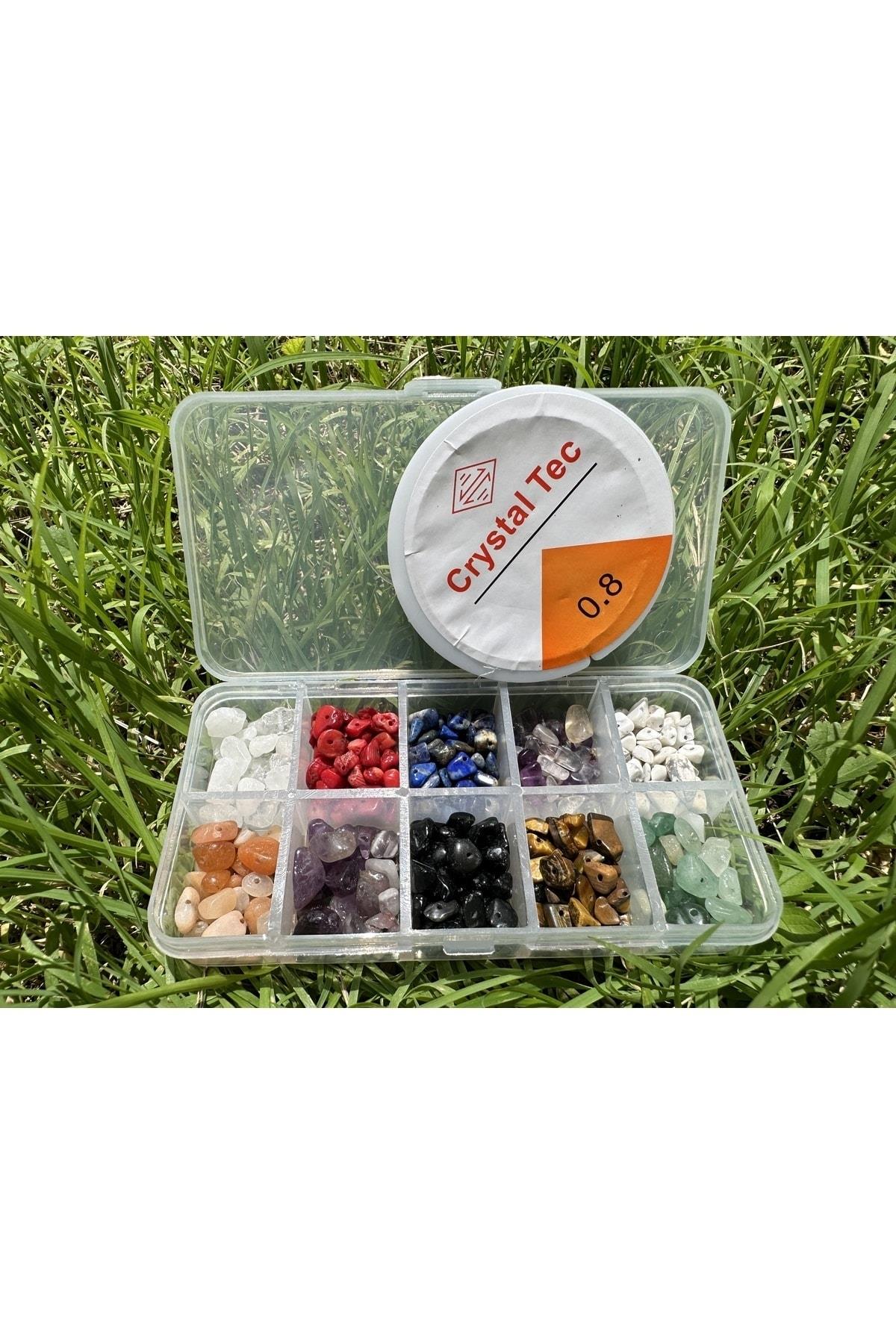 10'lu Mini Kutuda 10 Çeşit Kırık Doğal Taş Kutulu Set Bileklik Kolye Küpe Kolye Ucu Yapımı