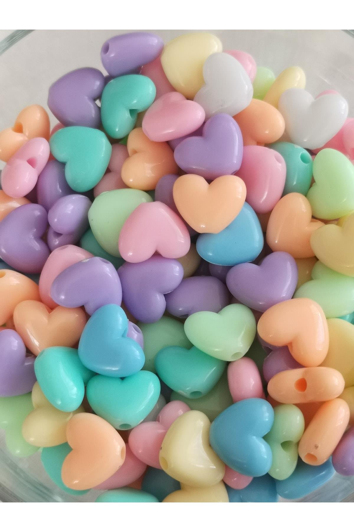 10mm Pastel Karışık Renkli Plastik Kalp Model Boncuk ,takı Yapım Hobi Boncuğu (20 Gr)