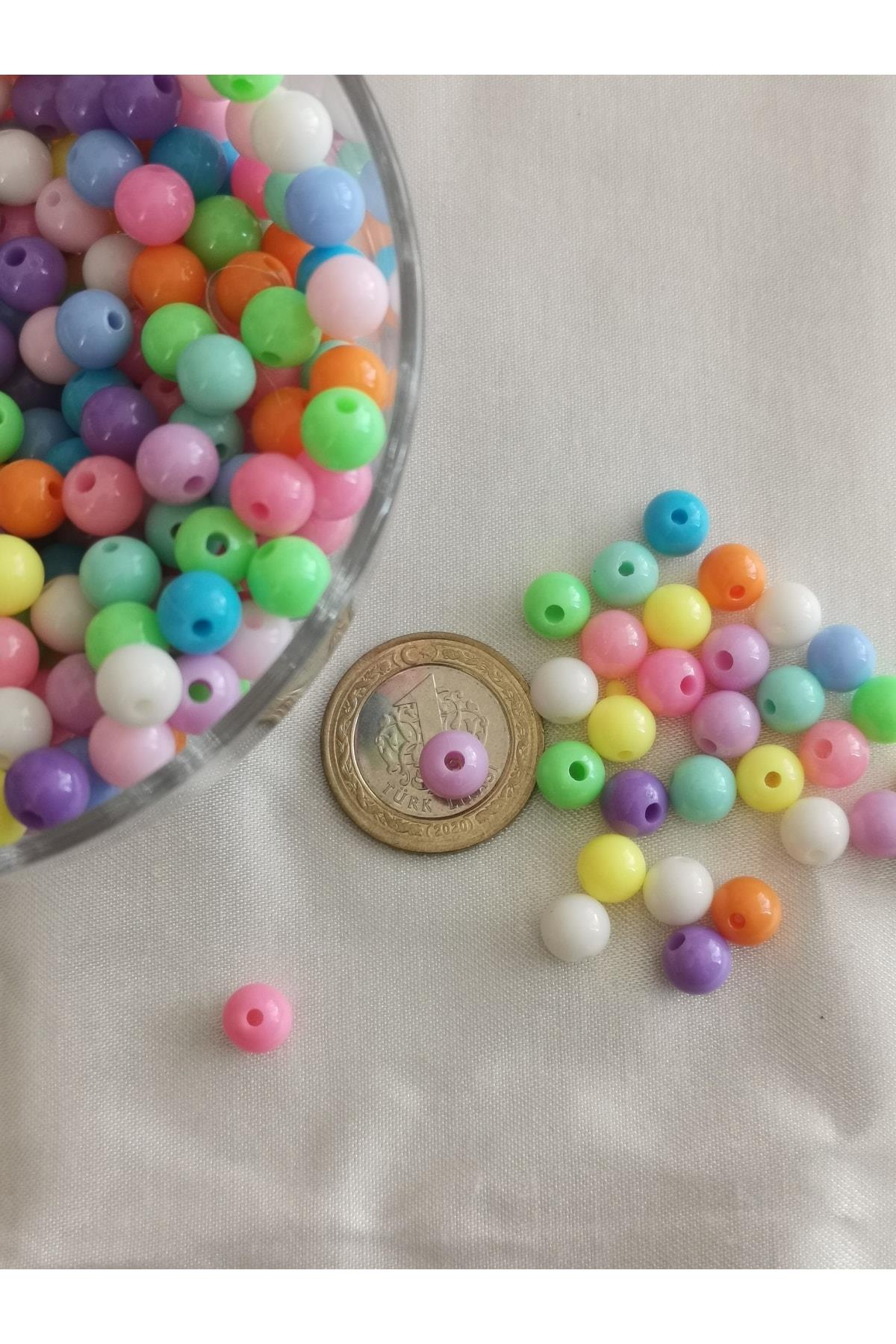 50gr 8mm Pastel Karışık Renkli Yuvarlak Plastik Boncuk , Takı Yapım Boncuğu