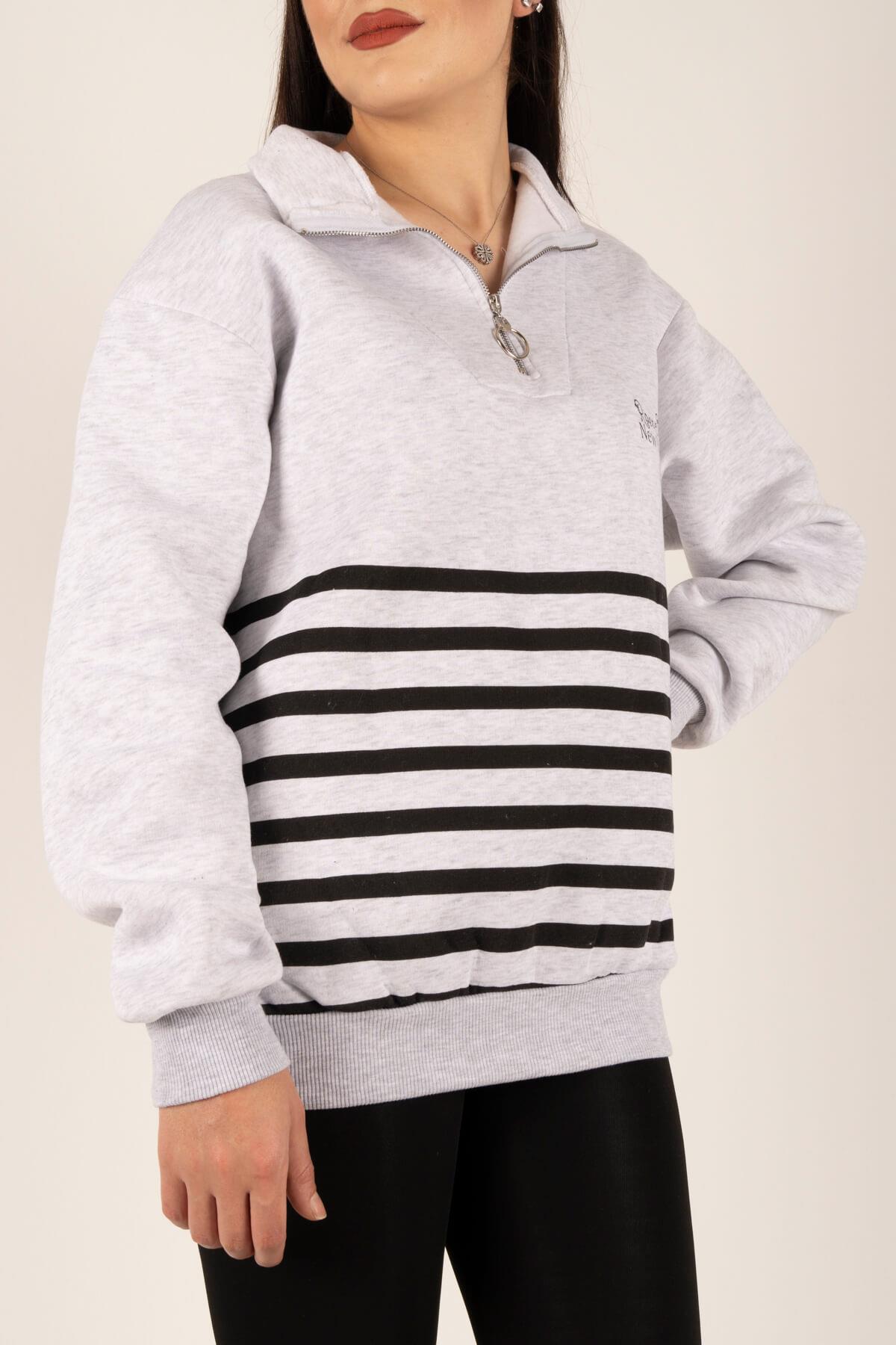 Altı Çizgili Yarım Fermuarlı SweatKADIN SWEATSHİRT