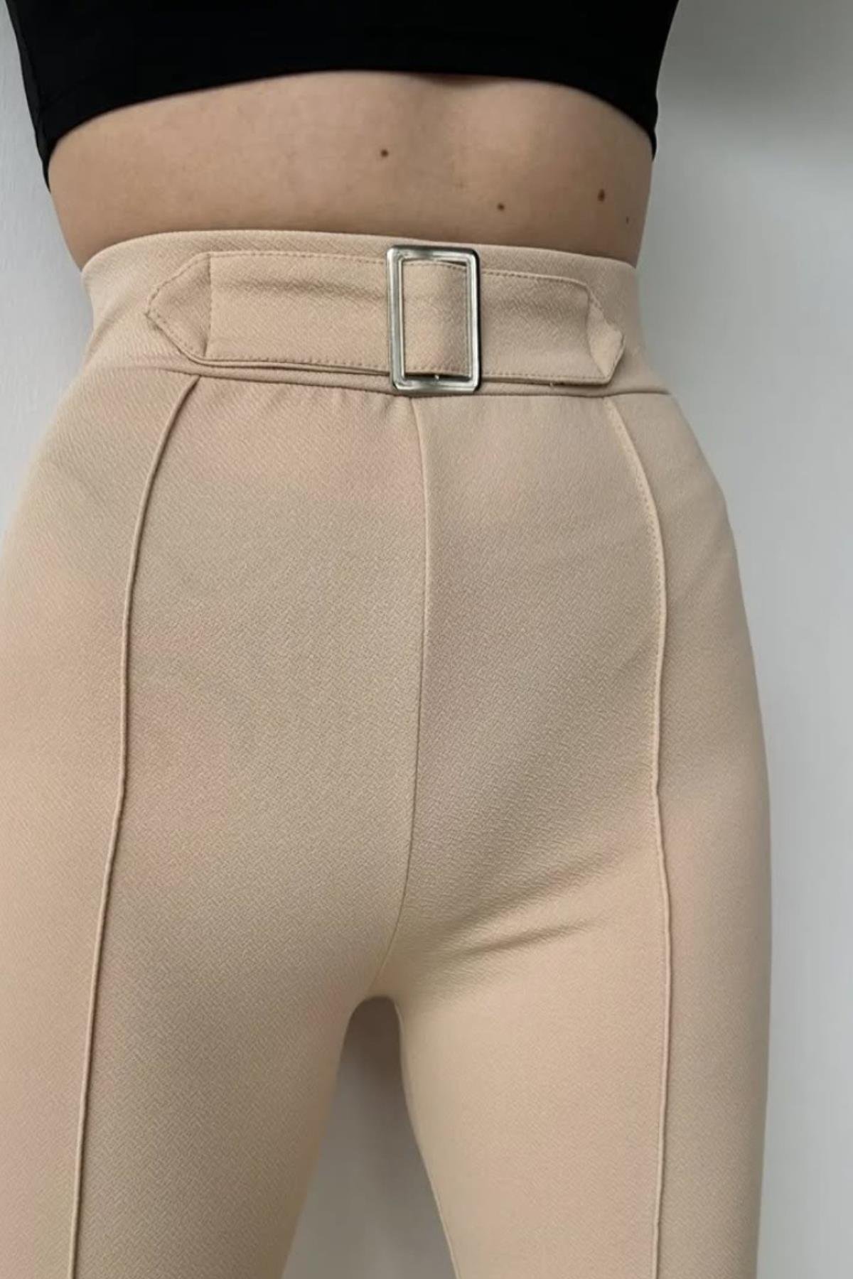 Kemer Detay Çımalı İspanyol Paça PantolonKADIN PANTOLON