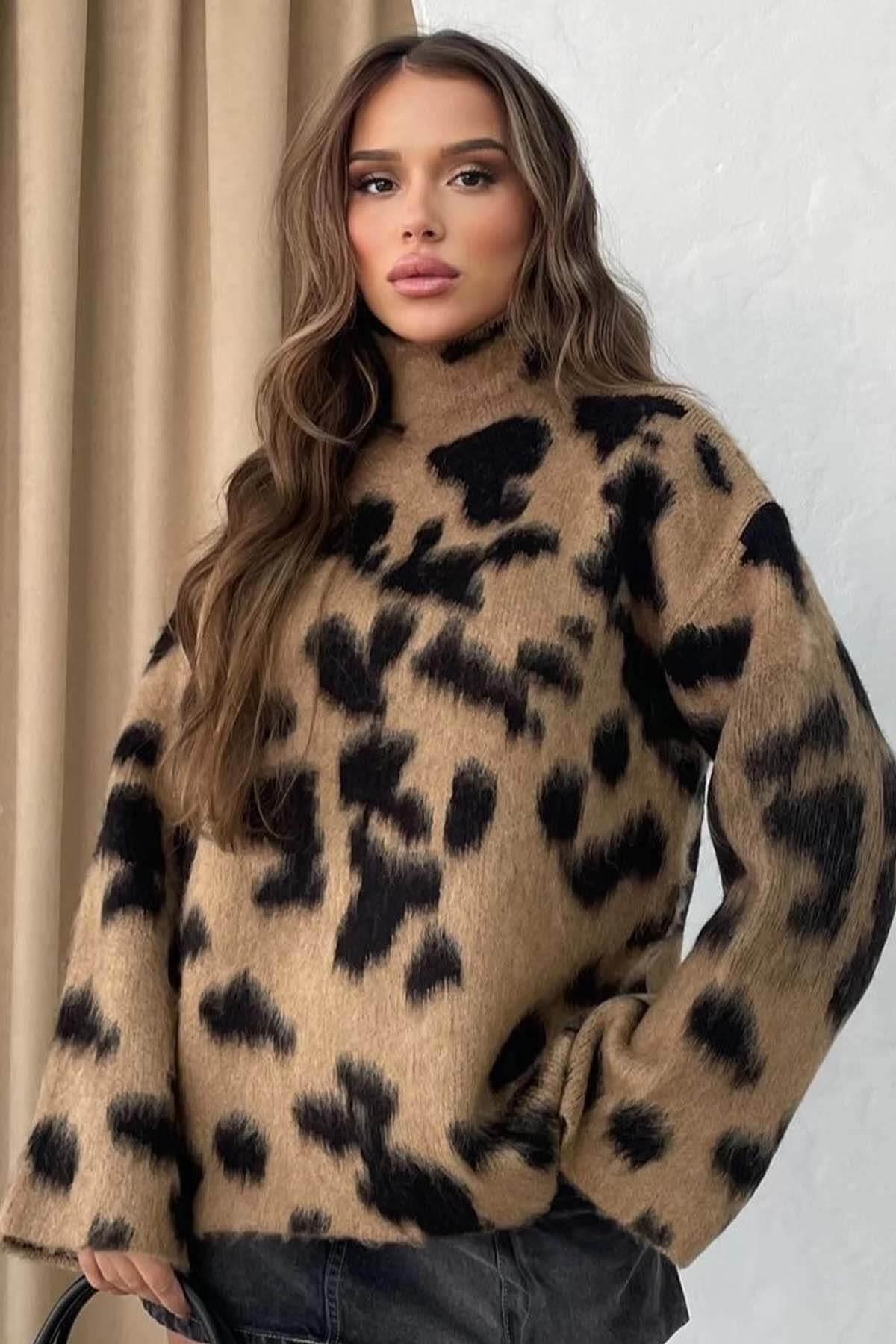 Leopar Desen Uzun KazakKADIN KAZAK
