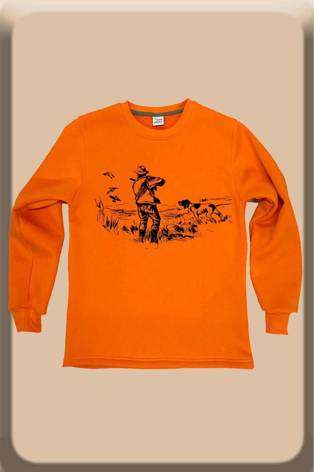 Avcılık Temalı Av Köpeği Tasarım Baskılı Setter Regular Fit Bisiklet Yaka Sweatshirt - Turuncu