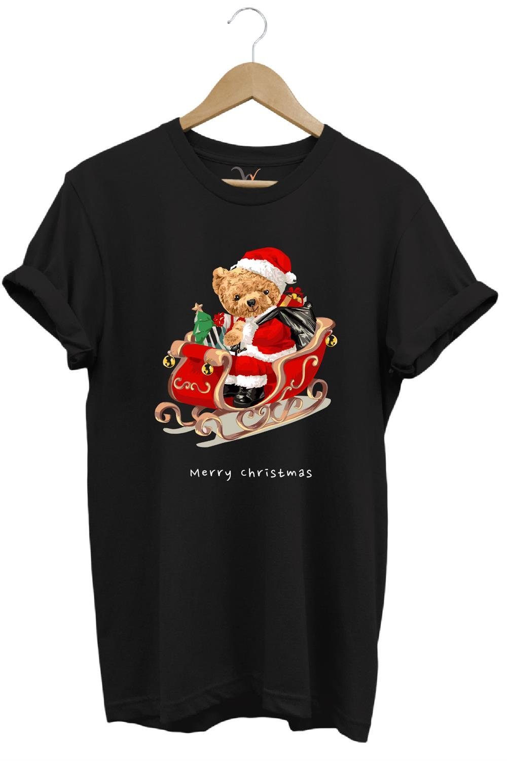 Christmas Baskılı Sevimli Ayıcık Yılbaşı Noel %100 Pamuk Regular Fit Bisiklet Yaka T-Shirt - Siyah