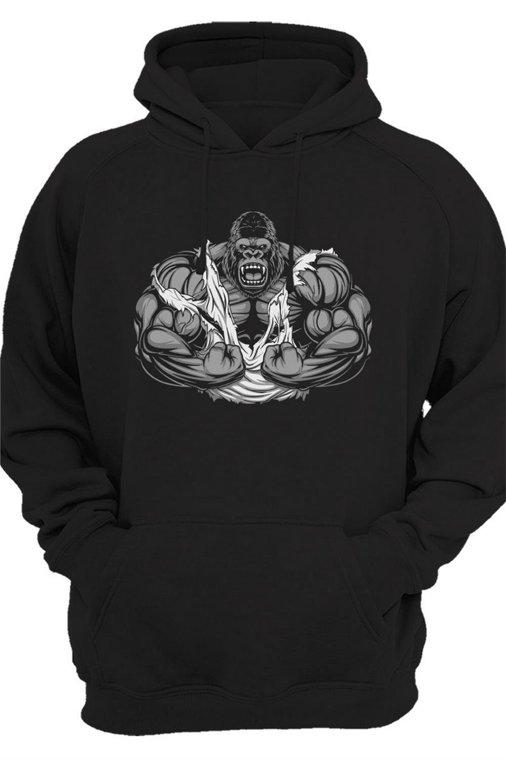 Fitness Gym Sporcu Goril Baskılı 3 İplik Kalın Şardonlu Kanguru Cepli Sweatshirt - Siyah