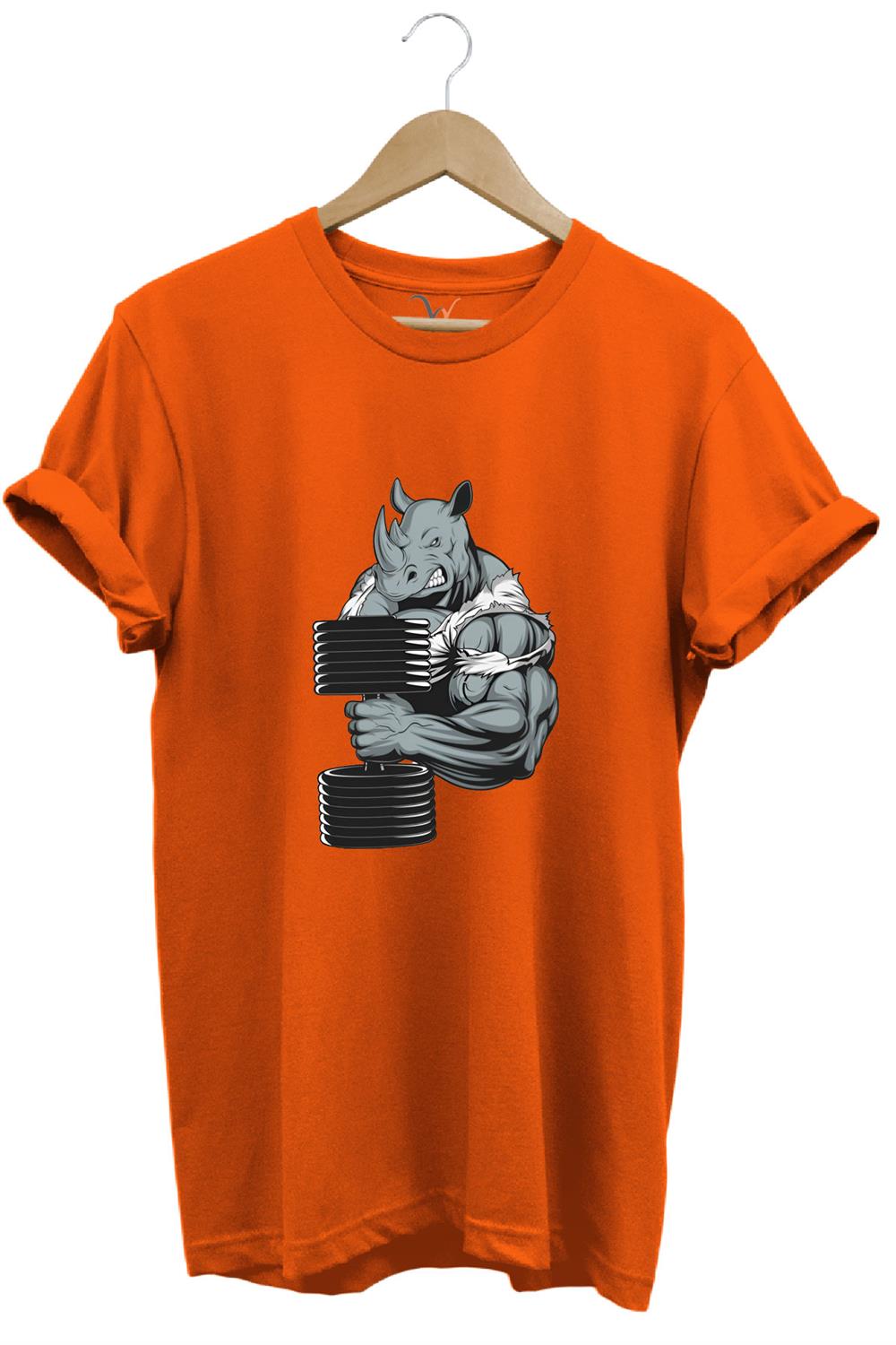 GYM Sporcu Fitness Dumbell Kaldıran Gergedan Regular Fit %100 Pamuk T-Shirt - Turuncu