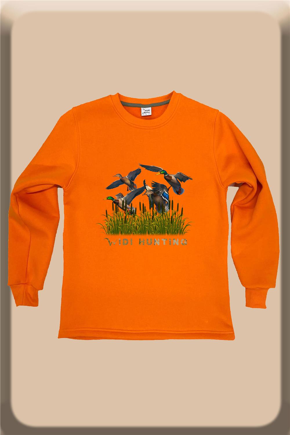Hunter Avcılık Ördek Avı Baskılı Sazlık Regular Fit %100 Pamuk Bisiklet Yaka Sweatshirt - Turuncu