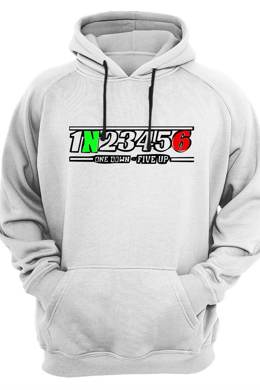 Motorcu Motorsiklet Vites Geçişleri 1N23456 Baskılı 3 İplik Kalın Şardonlu Kanguru Cepli Sweatshirt - Beyaz