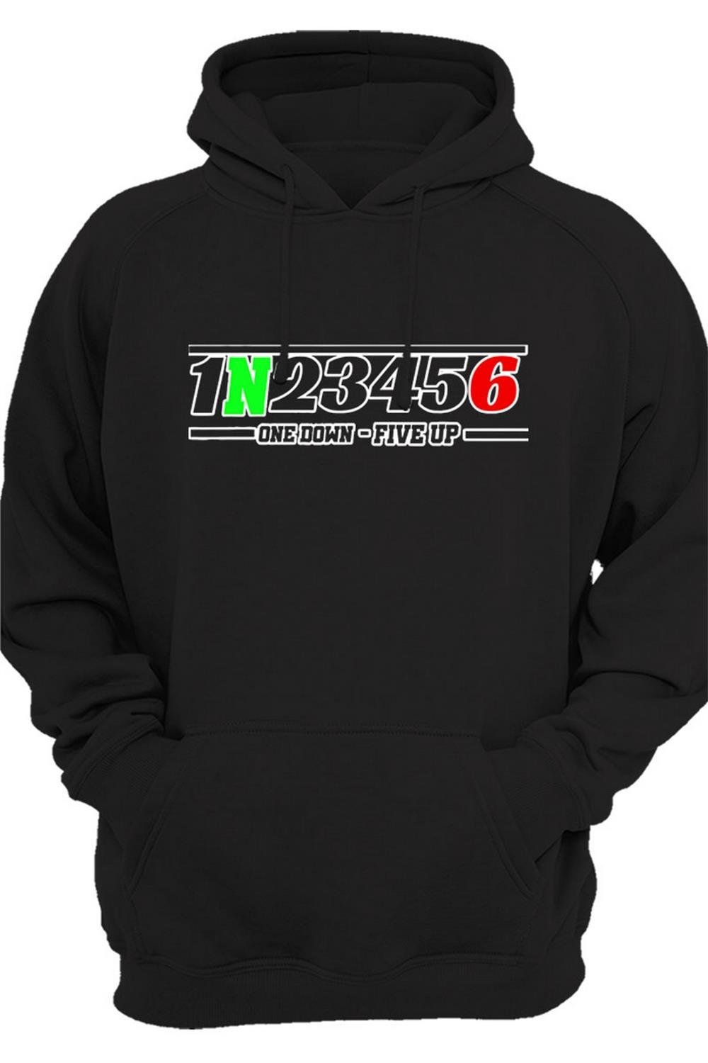 Motorcu Motorsiklet Vites Geçişleri 1N23456 Baskılı 3 İplik Kalın Şardonlu Kanguru Cepli Sweatshirt - Siyah