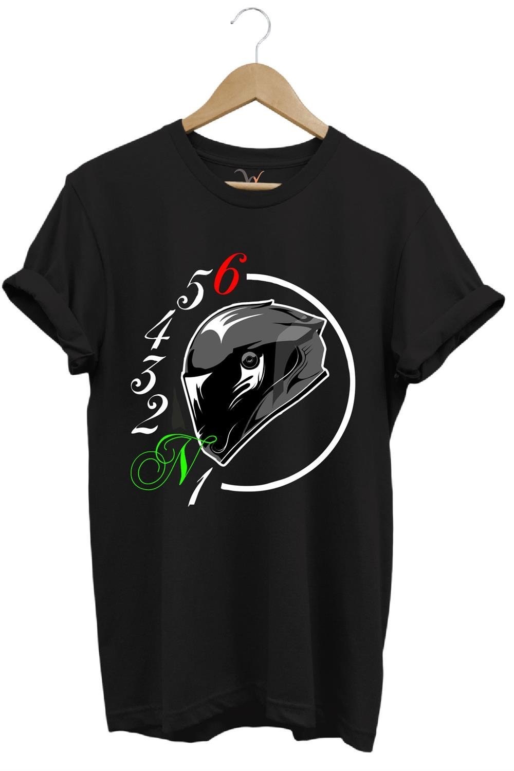 Motorcu Motorsiklet Vites Geçişleri ve Kask Tasarımlı 1N23456 %100 Pamuk Regular Fit T-Shirt - Siyah