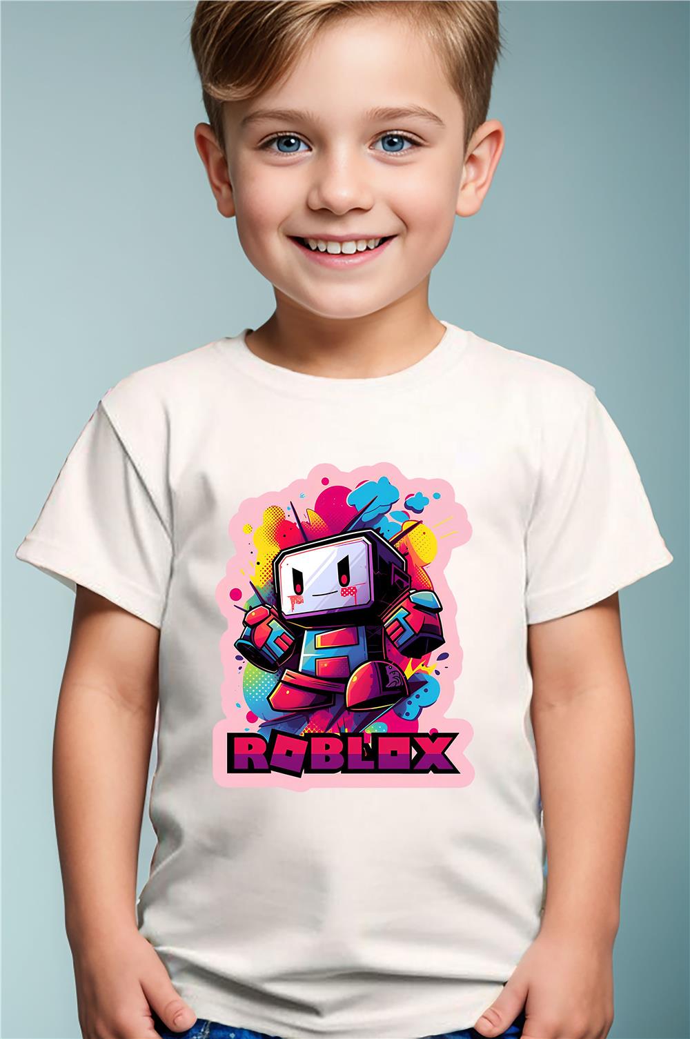 Roblox Yazılı Renkli Karakter Baskılı %100 Pamuk Premium Erkek Çocuk Kız Çocuk T-Shirt - Beyaz