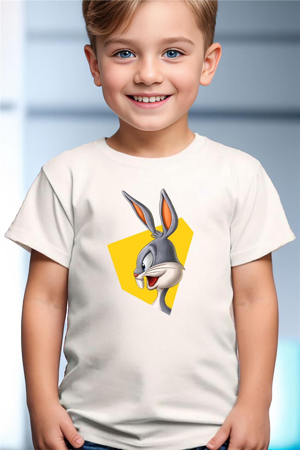 Tavşan Baskılı Premium Kız Çocuk Erkek Çocuk T-Shirt - Beyaz