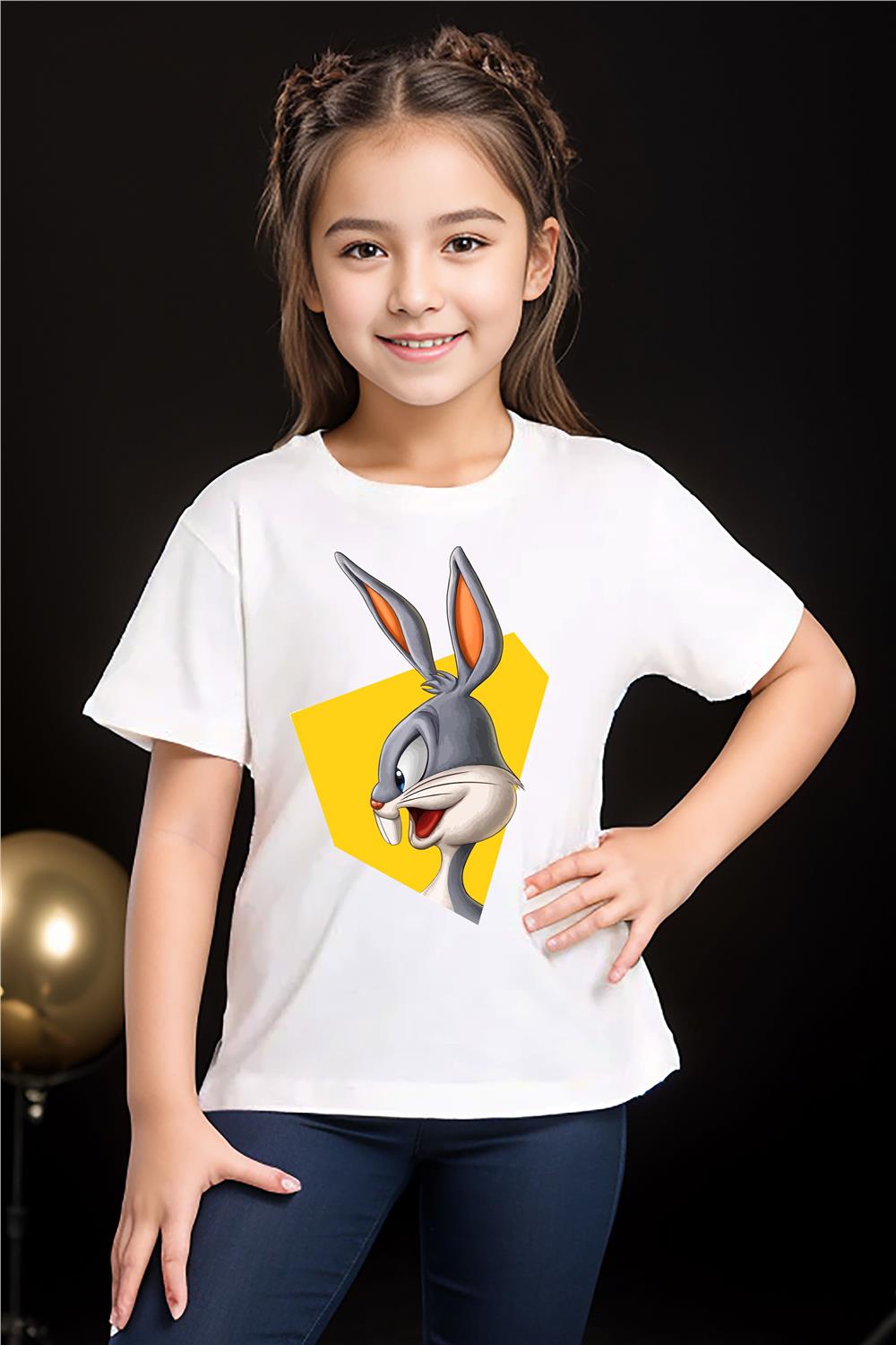 Tavşan Baskılı Premium Kız Çocuk Erkek Çocuk T-Shirt - Beyaz