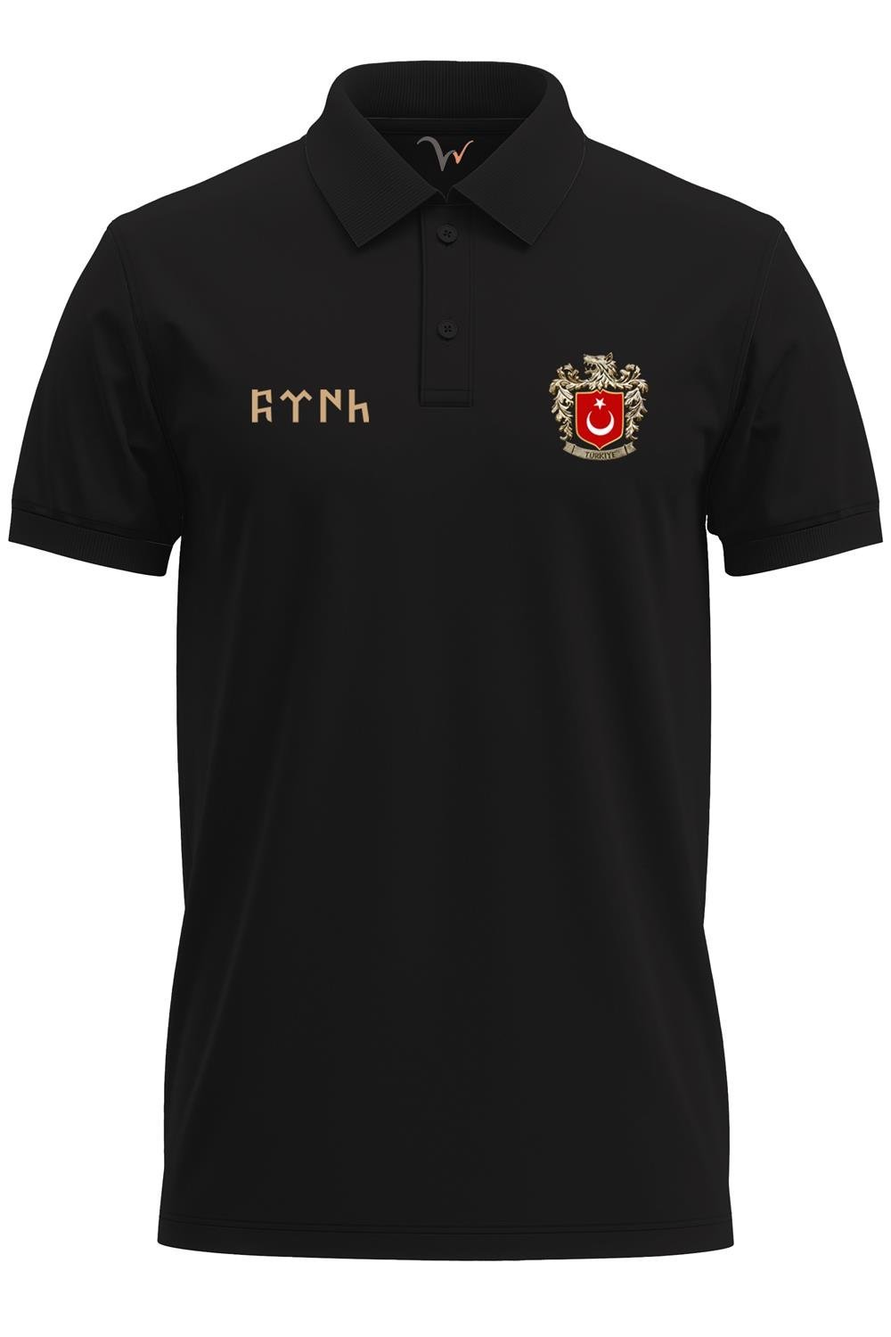 Türk Ve Türkiye Bozkurt Baskılı Göktürkçe Türk Yazılı Börü Regular Fit%100 Pamuk Polo Yaka T-Shirt - Siyah