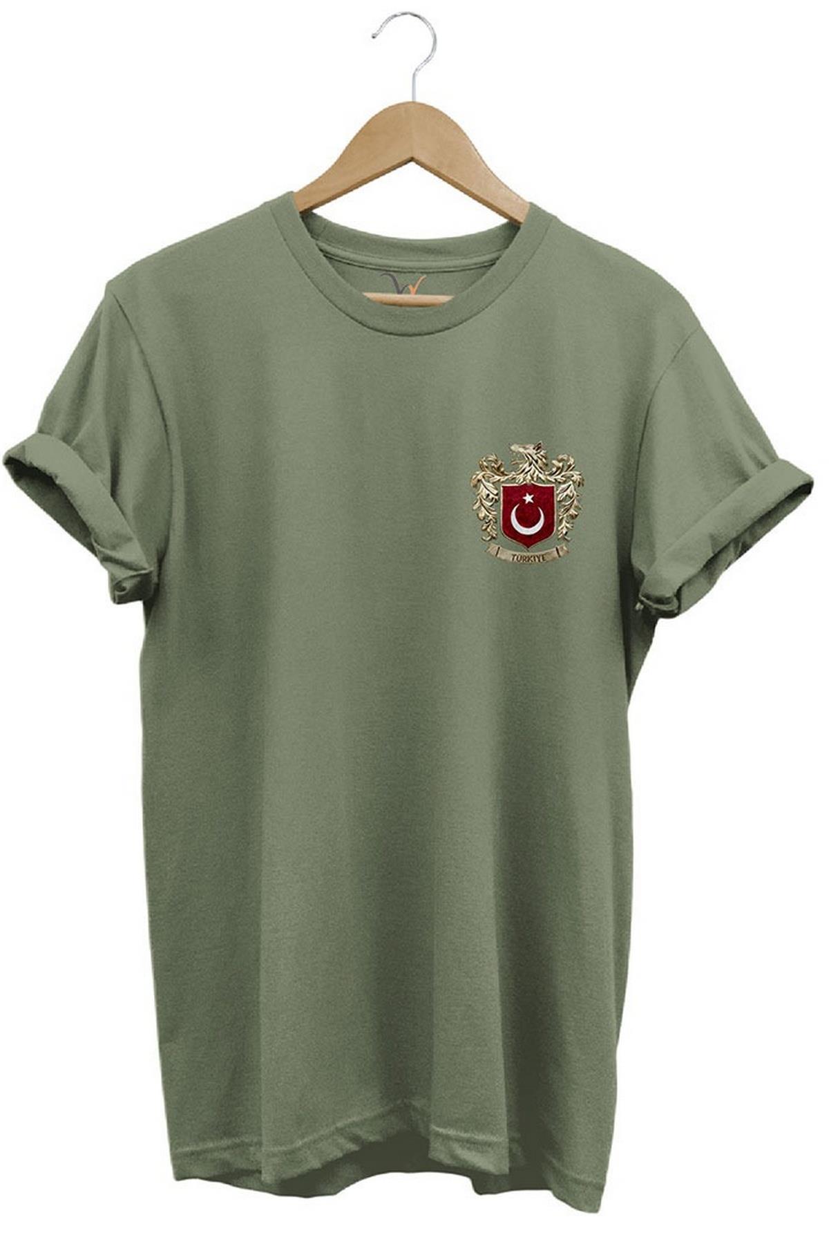 Widi Türk Bayrağı ve Kurt Baskılı T-Shirt Haki