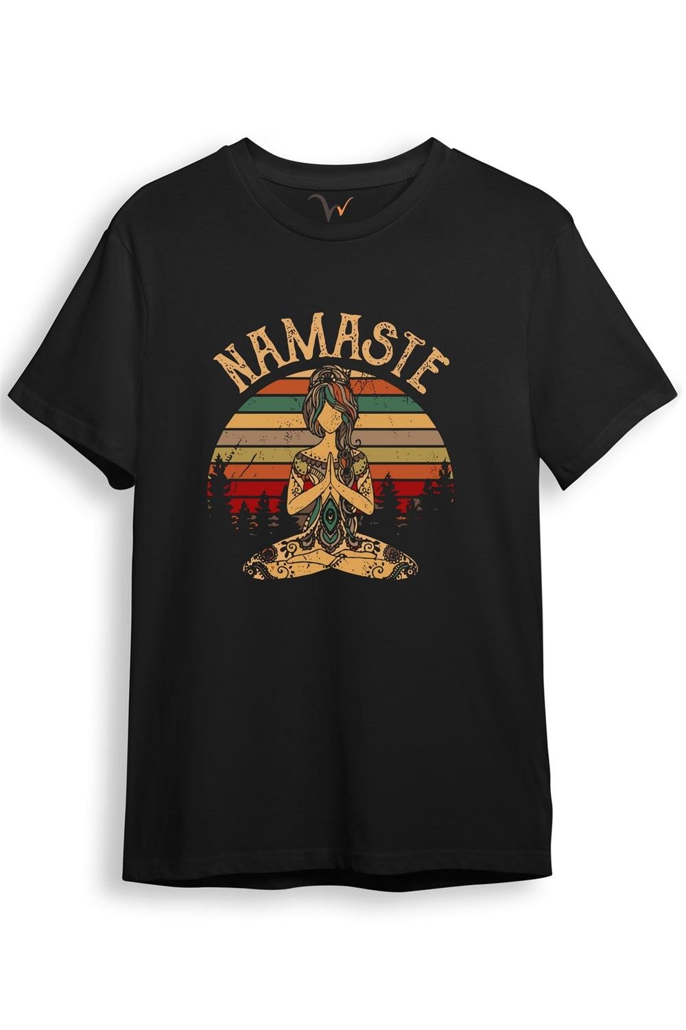 Yoga Nameste Baskılı %100 Pamuk Bisiklet Yaka T-Shirt - Siyah