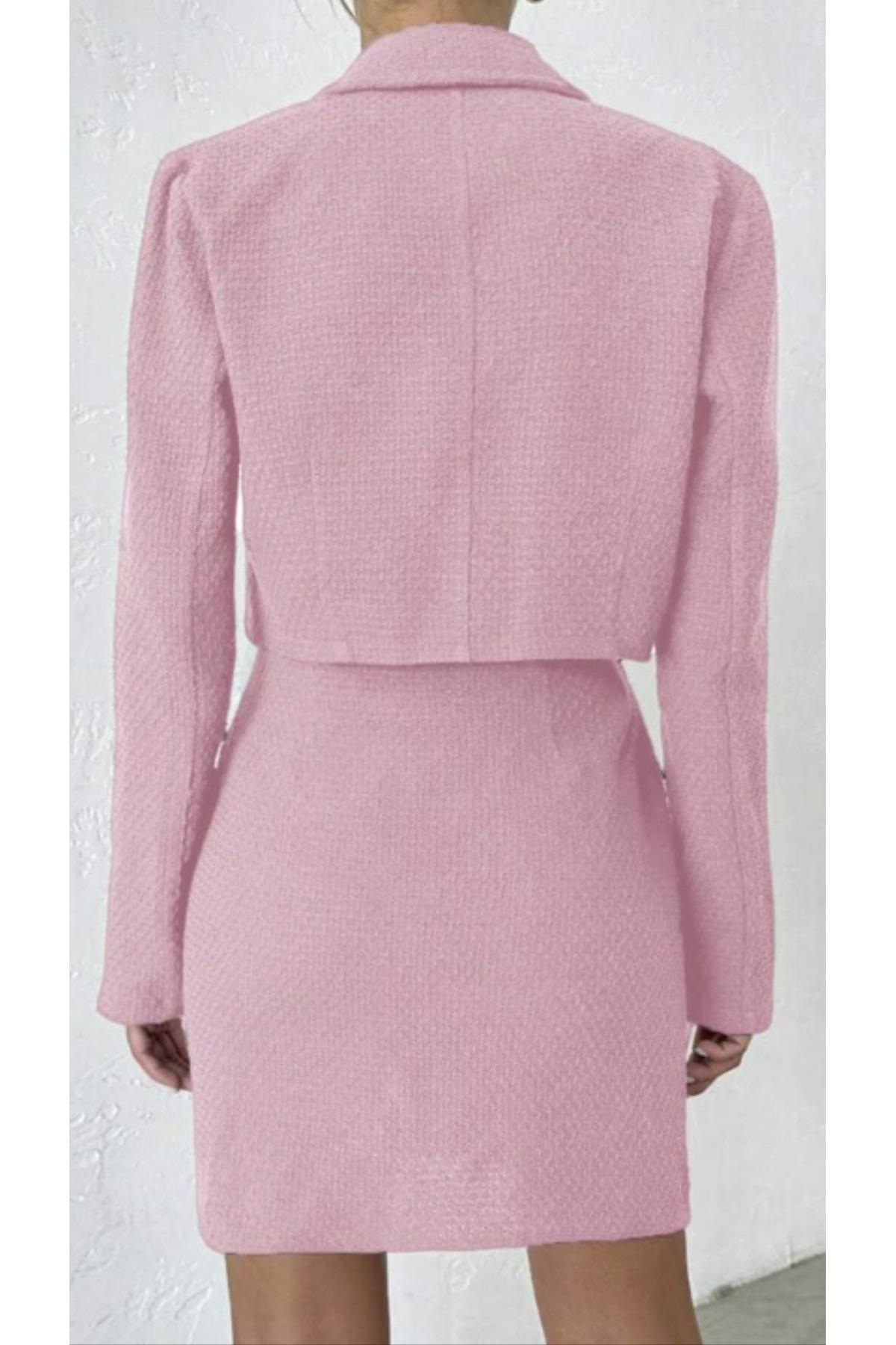 Pembe Tüvit Blazer Ceket Etek Takımı