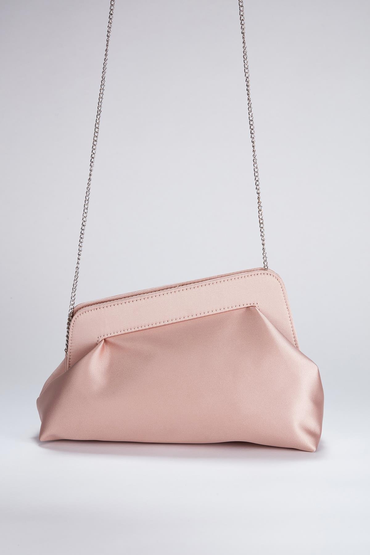 Pudra Asimetrik Çapraz Zincirli Saten Kadın  Clutch