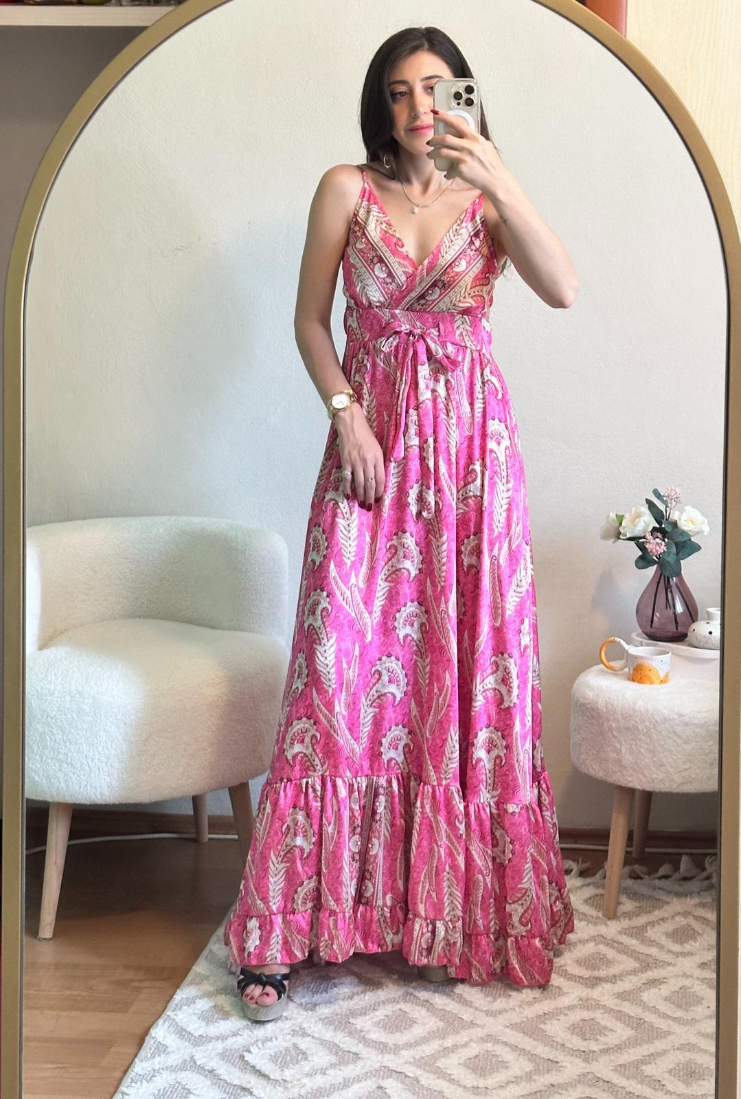 Pembe Etnik Desenli Saten Elbise