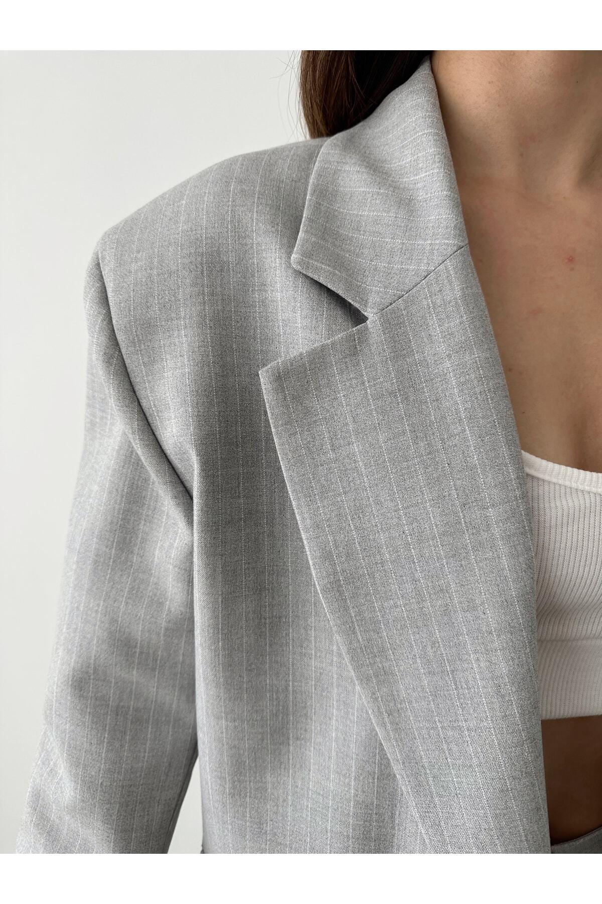 Kadın Çizgili Içi Astarlı Blazer Ceket Pantolon Takım 5555