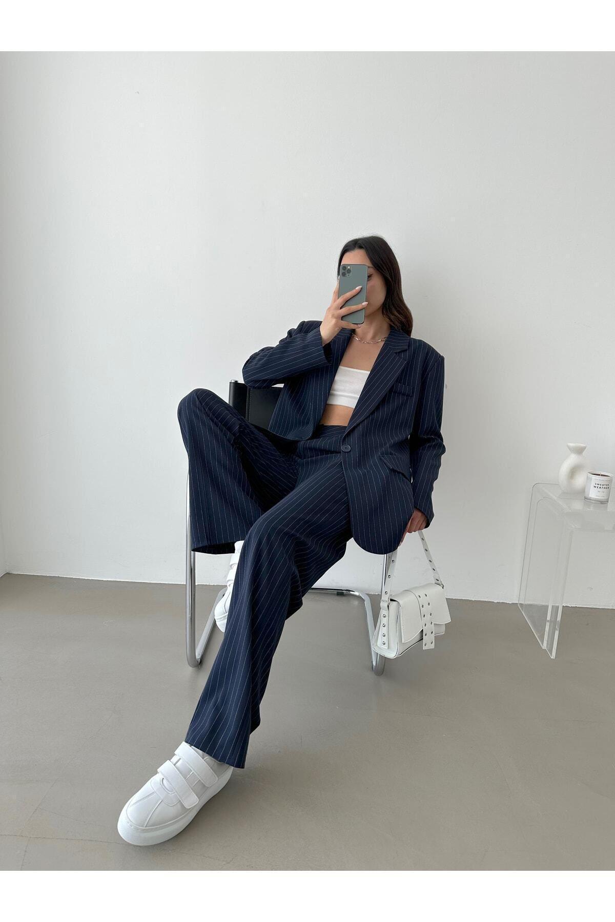 Kadın Çizgili Içi Astarlı Blazer Ceket Pantolon Takım 5555 ( %100 Pamuklu , Tüylenmez)