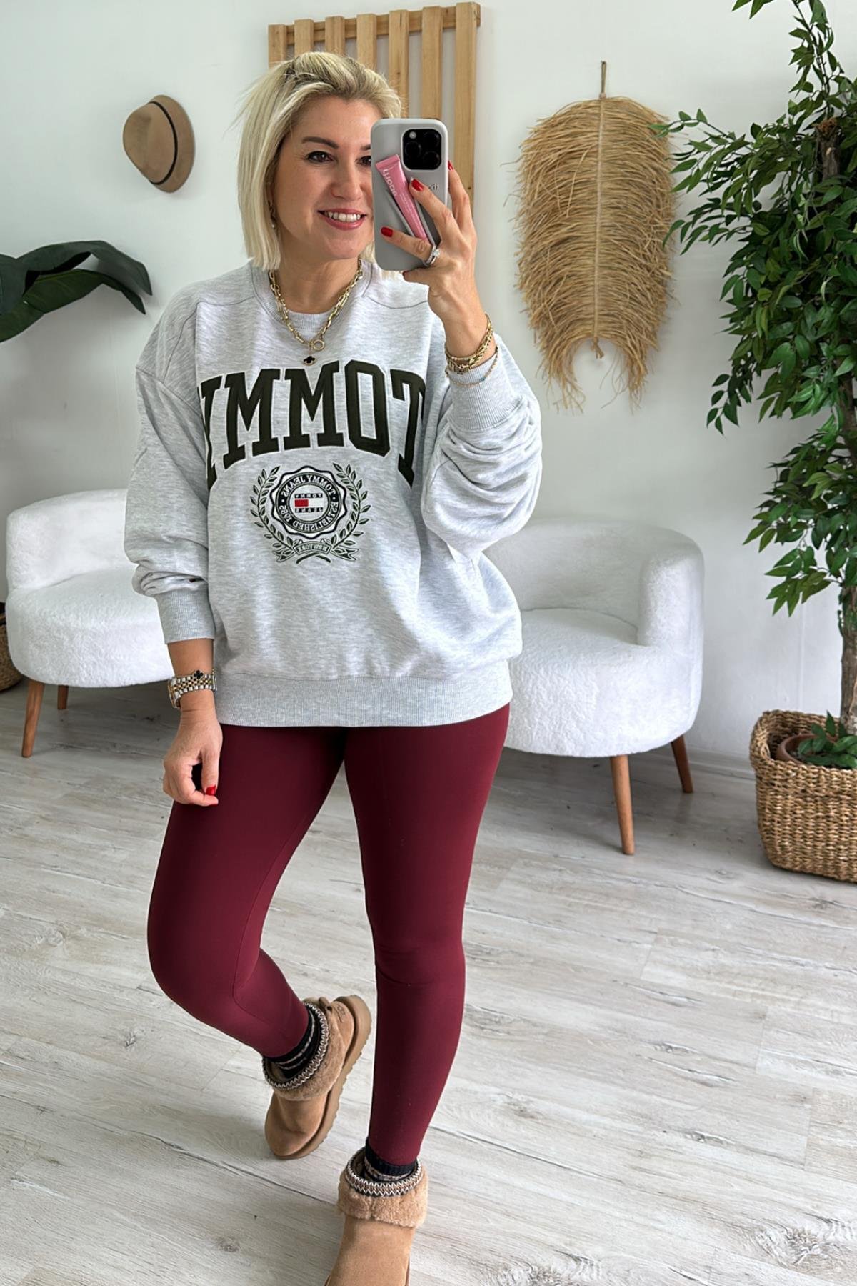 Gri Nakış Baskılı Tommy SweatUSW0243014-GRI-S
