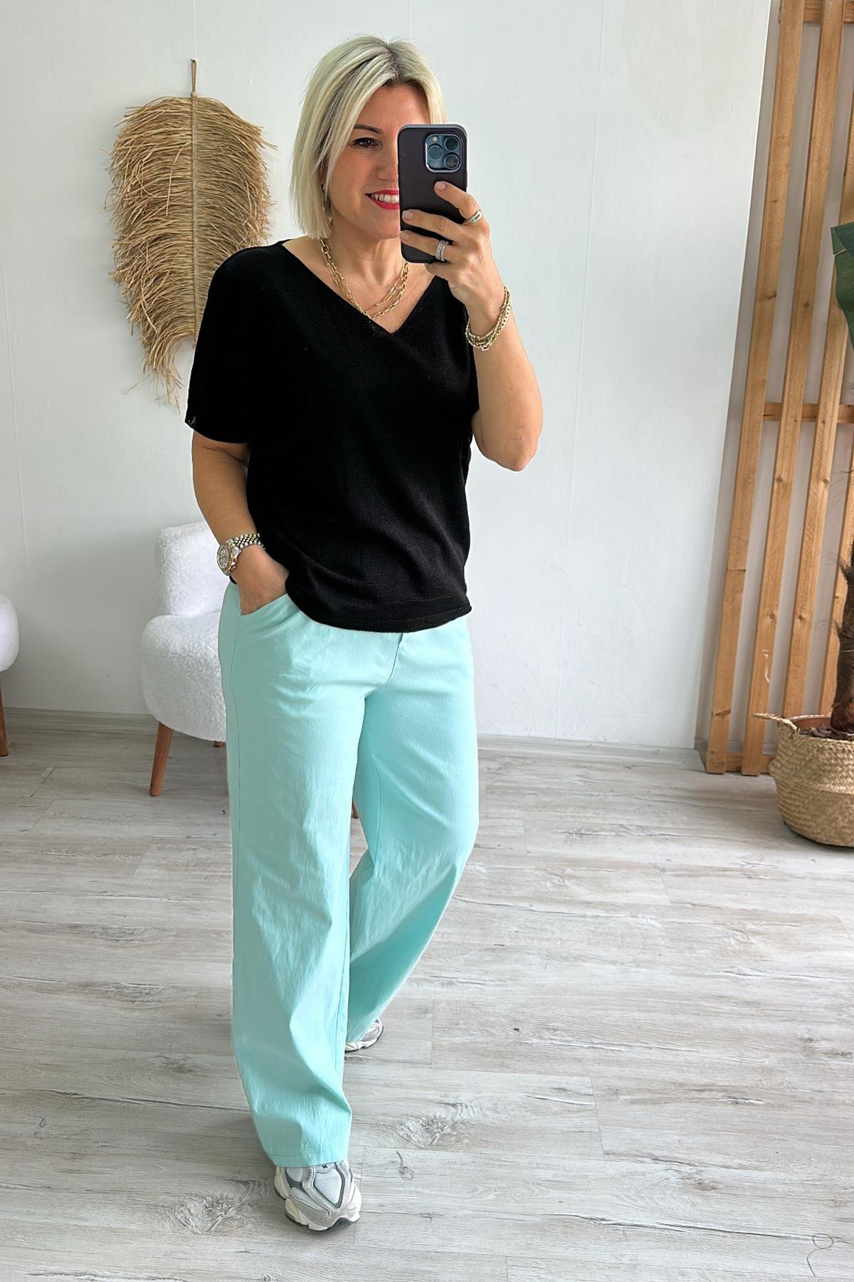 Mint Yeşili Beli Lastikli Bol Paça Full Lycralı PantolonUK224048114-MINTYESIL-STD