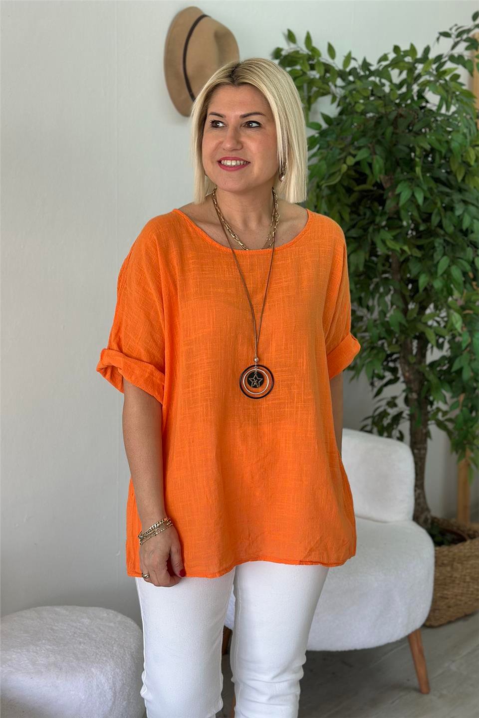 Orange Bisiklet Yaka Kolyeli Keten BluzUBL2412236-ORANGE-STD