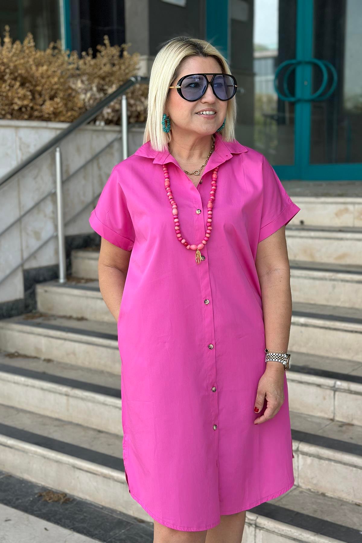 Pembe Yandan Yırtmaçlı Gömlek ElbiseELB2401248-PEMBE-S