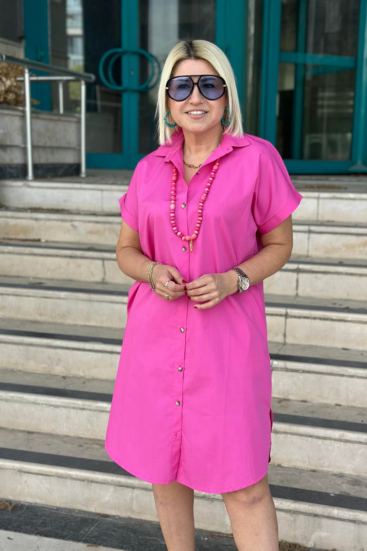 Pembe Yandan Yırtmaçlı Gömlek ElbiseELB2401248-PEMBE-S