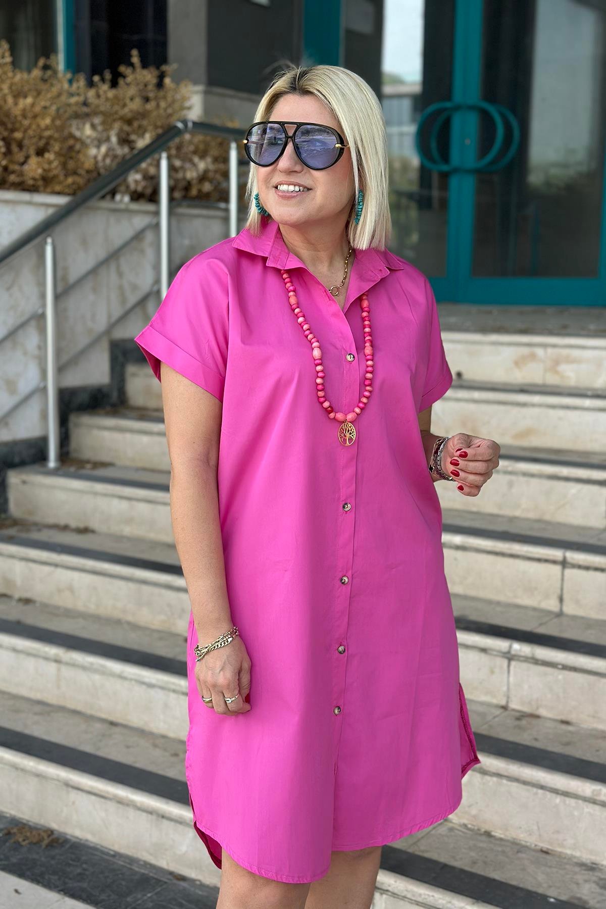 Pembe Yandan Yırtmaçlı Gömlek ElbiseELB2401248-PEMBE-S