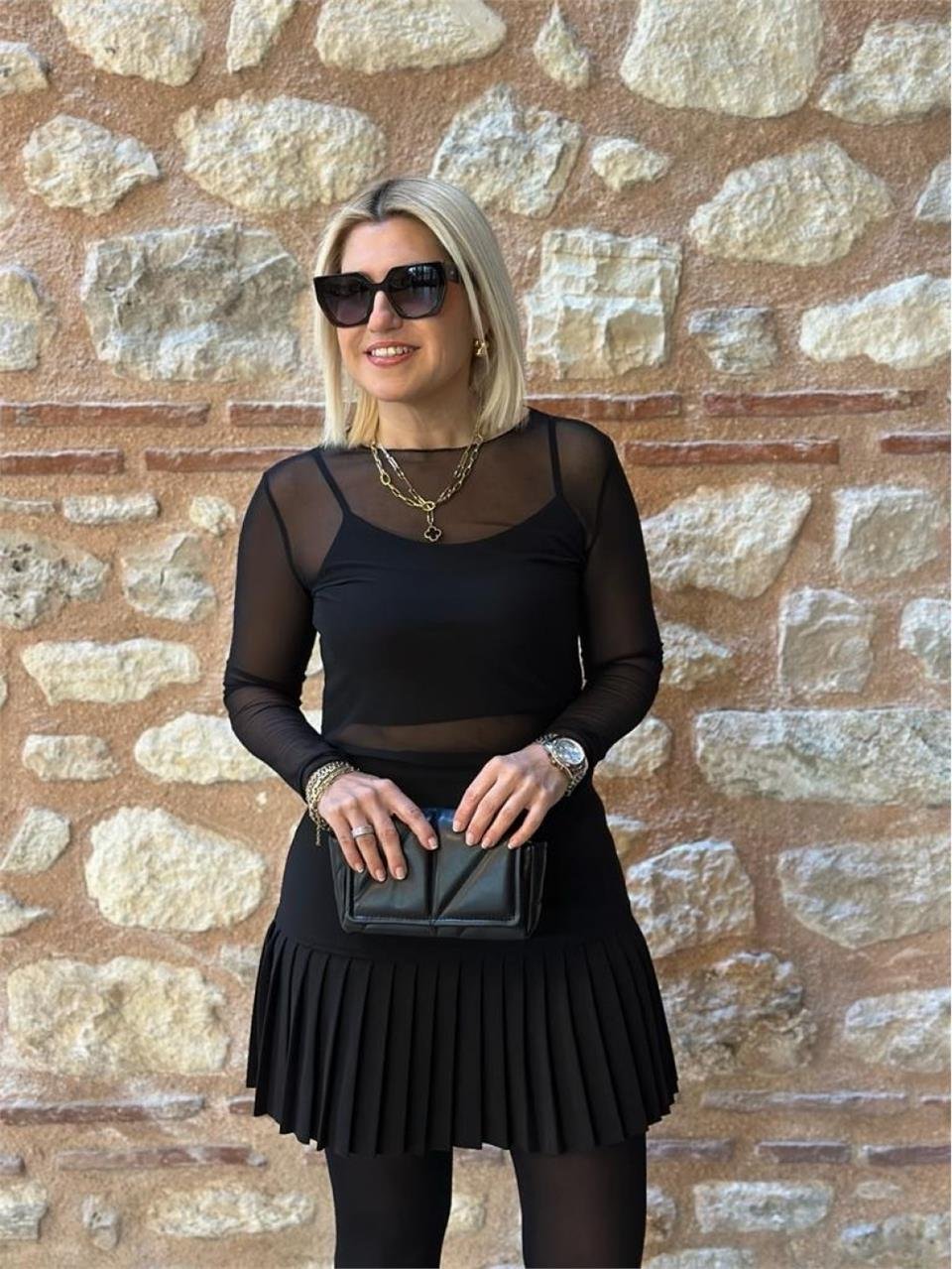 Siyah Tül Transparan Bluz  UK222042-Siyah