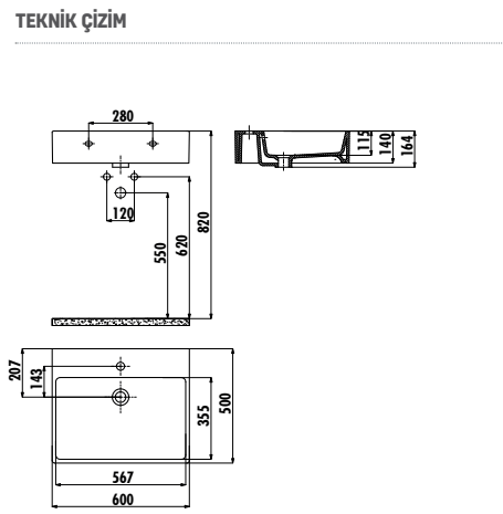 CREAVİT SETÜSTÜ 50x60 DÜZ KARE LAVABO