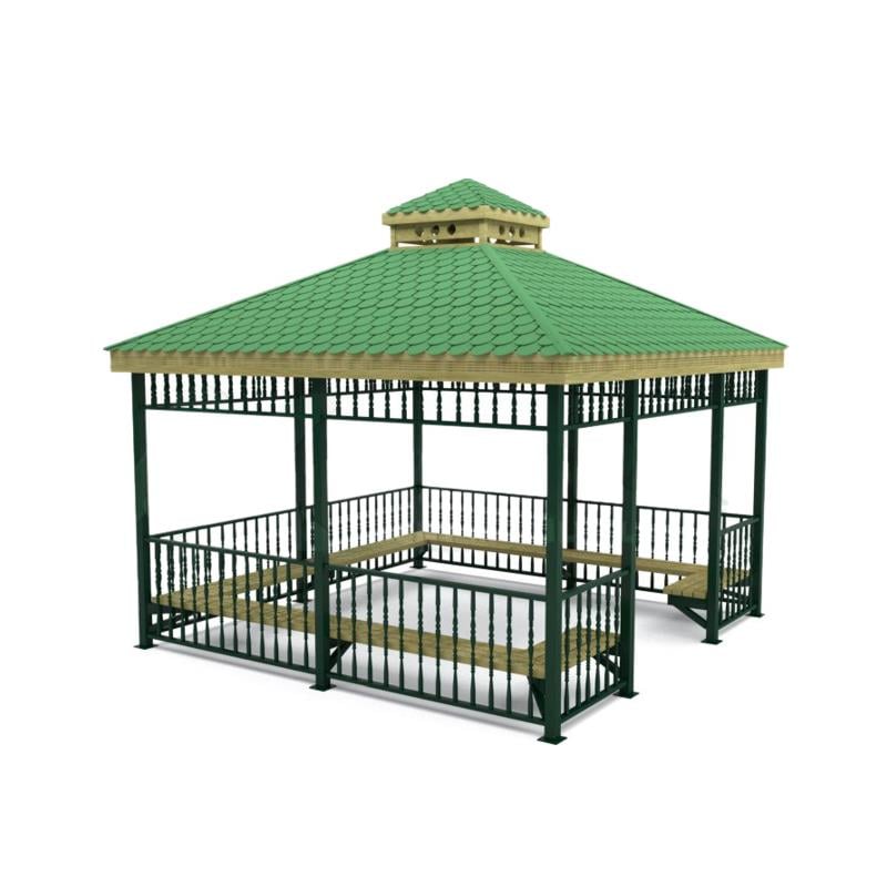 Wooden Roof Metal Pavilion | Square Double Roof with Seating | 4x4 m