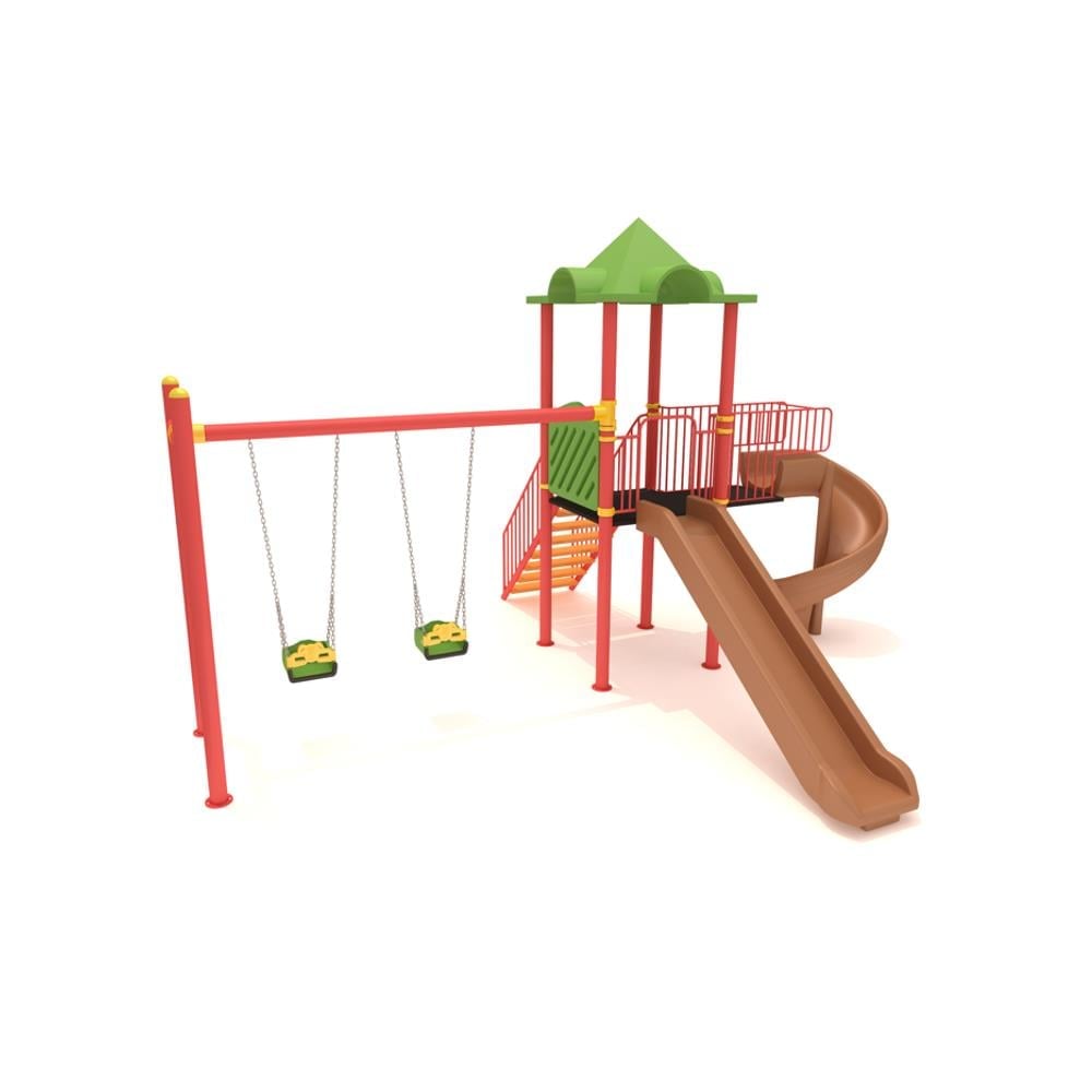 Single-Tower Playground Set with Two Slides and Double Swing – BOS-02C