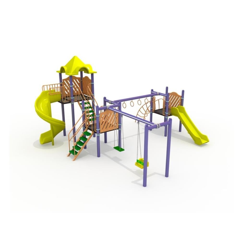 Outdoor Playground Set with Spiral Slide, Double Swing, and Climbing Rings – BOS-08 (8.5x6.5m)