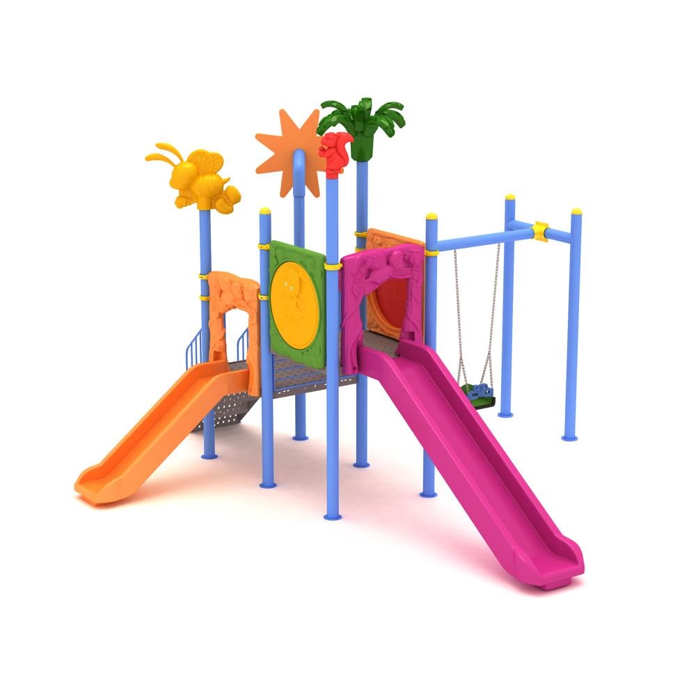 Outdoor Childrens Playground with Two Towers, Two Slides, and Swing – 6m x 5.4m