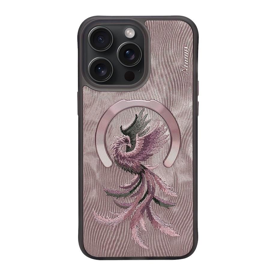 Nimmy iP15 Pro Max Pembe Phoenix Anka Kuşu Serisi Magsafe Nakış İşlemeli Detaylı 3D Telefon Kılıfı