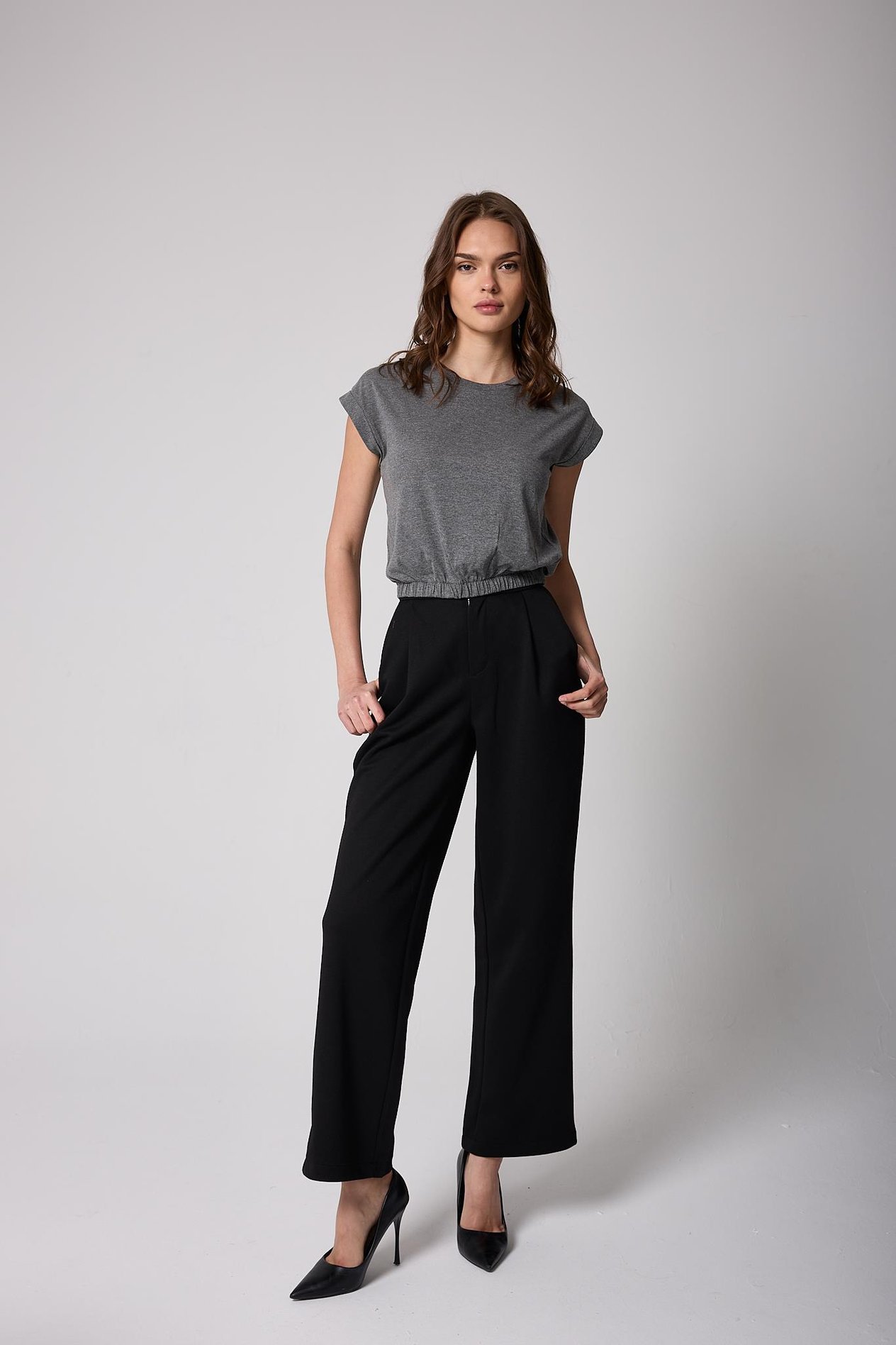 Kadın T-Shirt Beli Lastikli Duble Kol Bisiklet Yaka Antrasit Basic - 2501