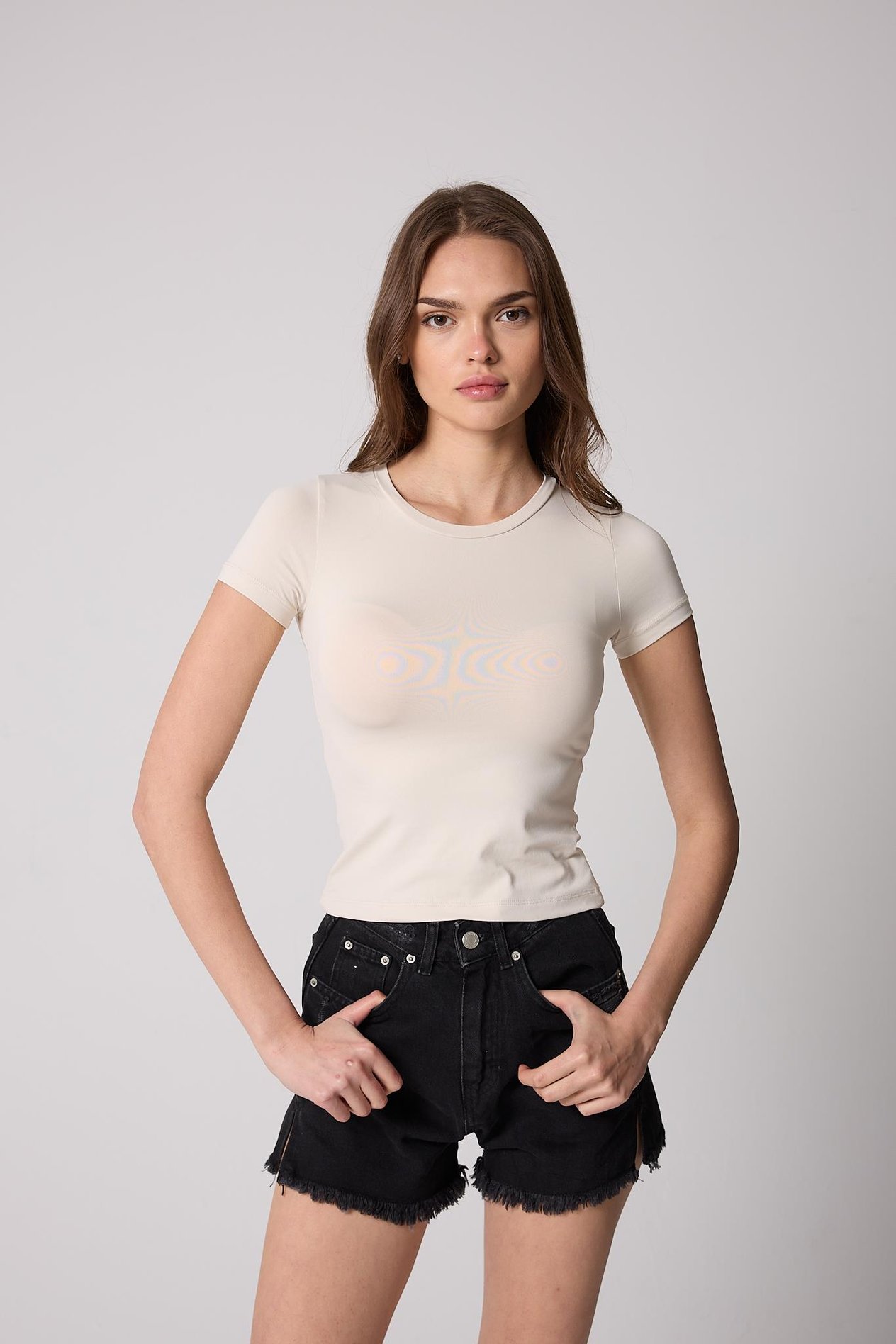 Kadın T-Shirt Likralı Slim Fit Kısa Kol Bisiklet Yaka Krem Rengi Basic - 2503