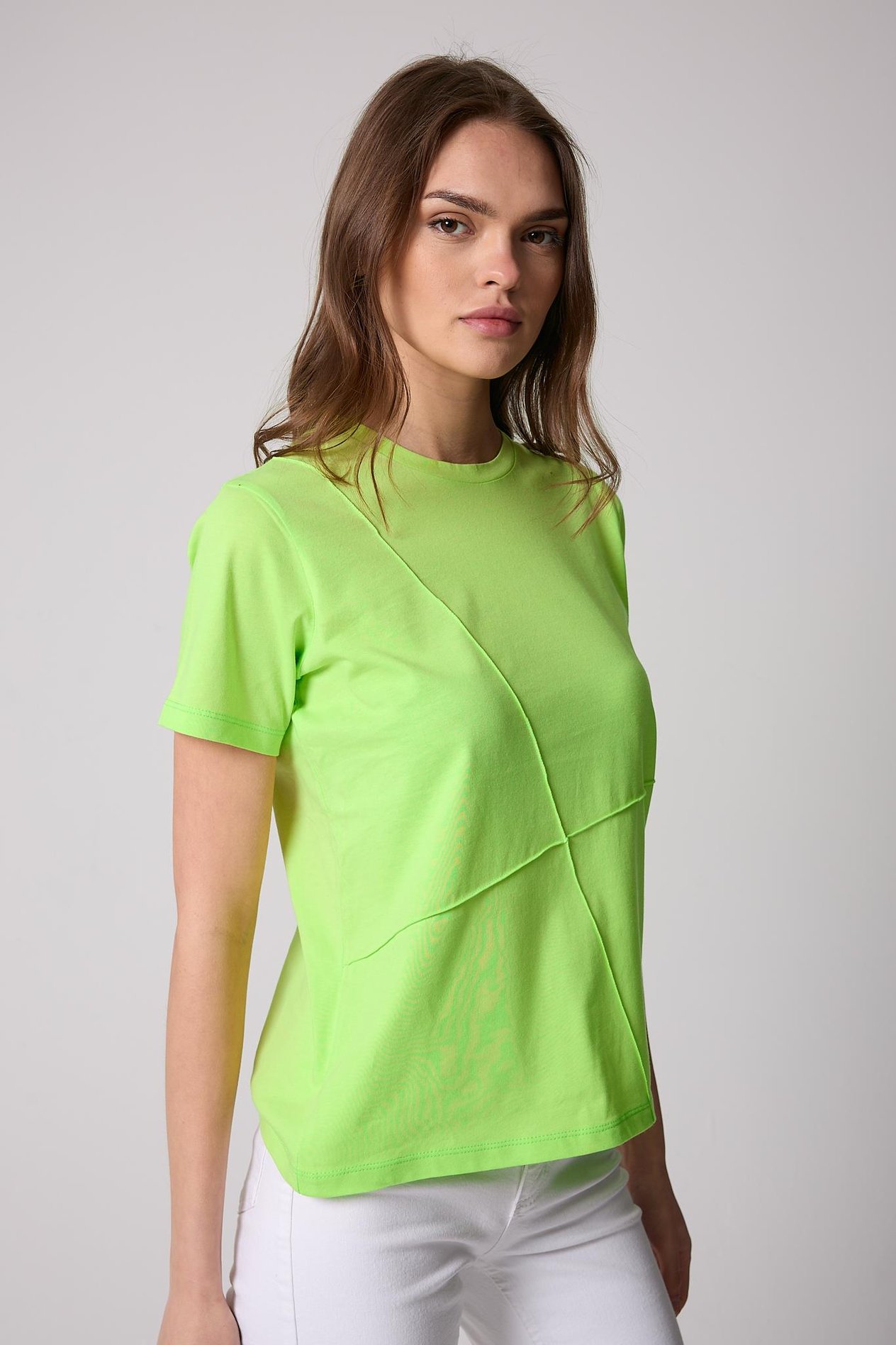 Kadın T-Shirt Neon Yeşil Parçalı Dikiş Detaylı Regular Fit Basic - 2509