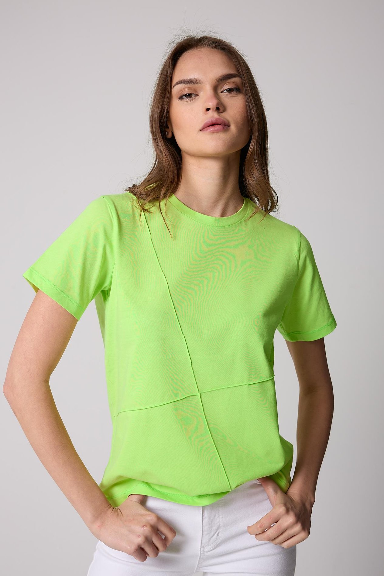 Kadın T-Shirt Neon Yeşil Parçalı Dikiş Detaylı Regular Fit Basic - 2509