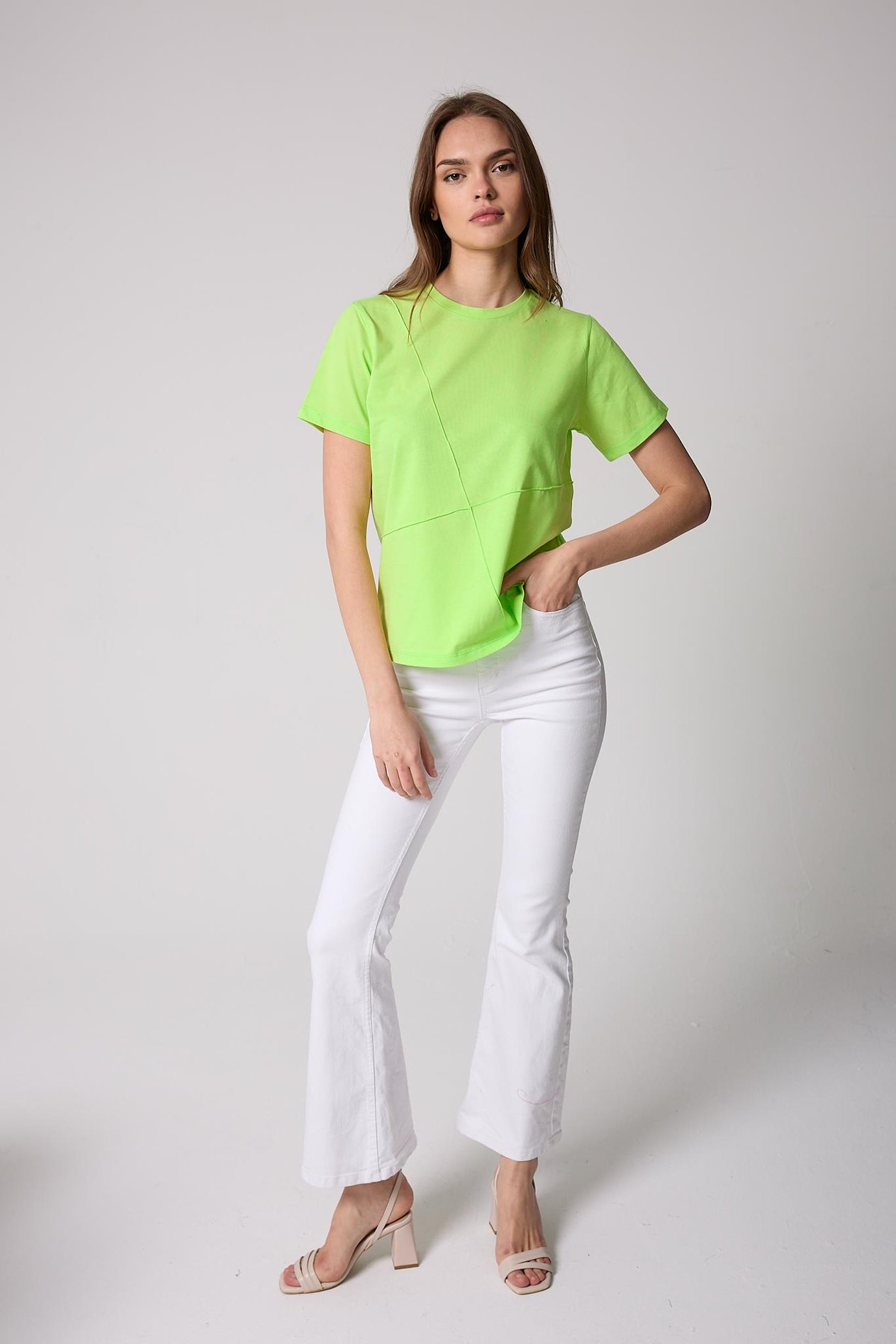 Kadın T-Shirt Neon Yeşil Parçalı Dikiş Detaylı Regular Fit Basic - 2509