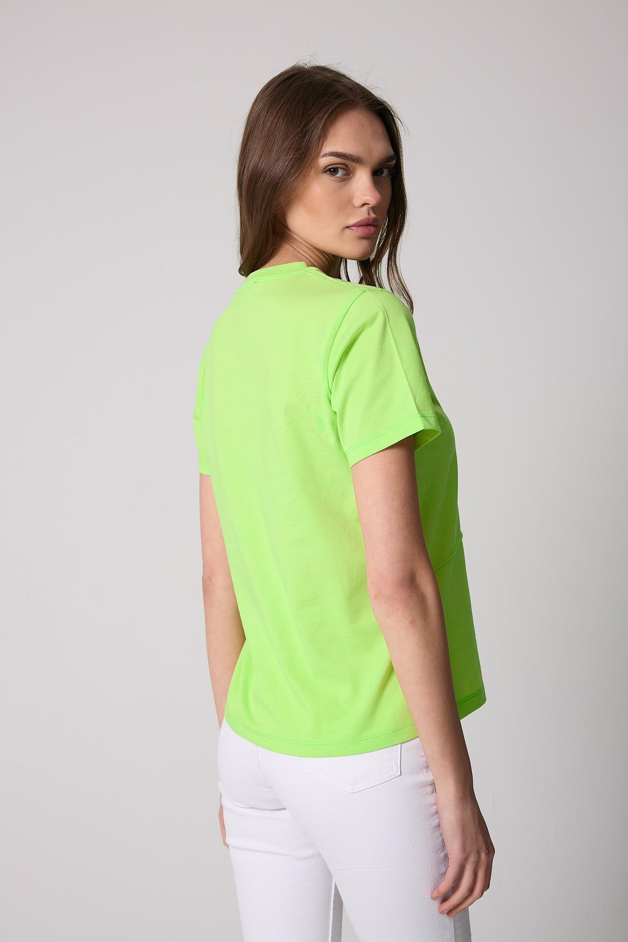 Kadın T-Shirt Neon Yeşil Parçalı Dikiş Detaylı Regular Fit Basic - 2509