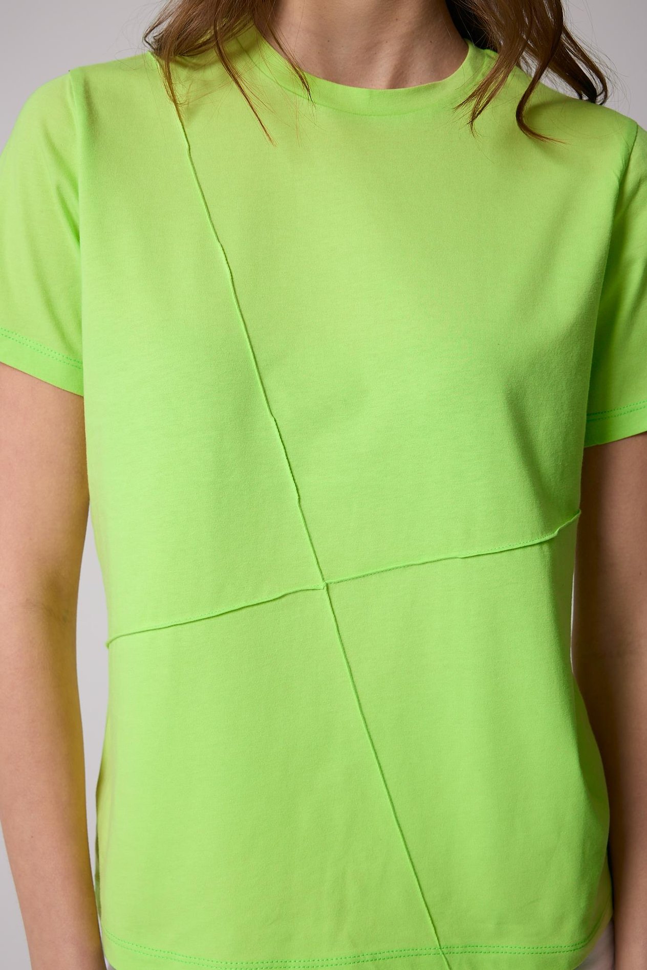Kadın T-Shirt Neon Yeşil Parçalı Dikiş Detaylı Regular Fit Basic - 2509
