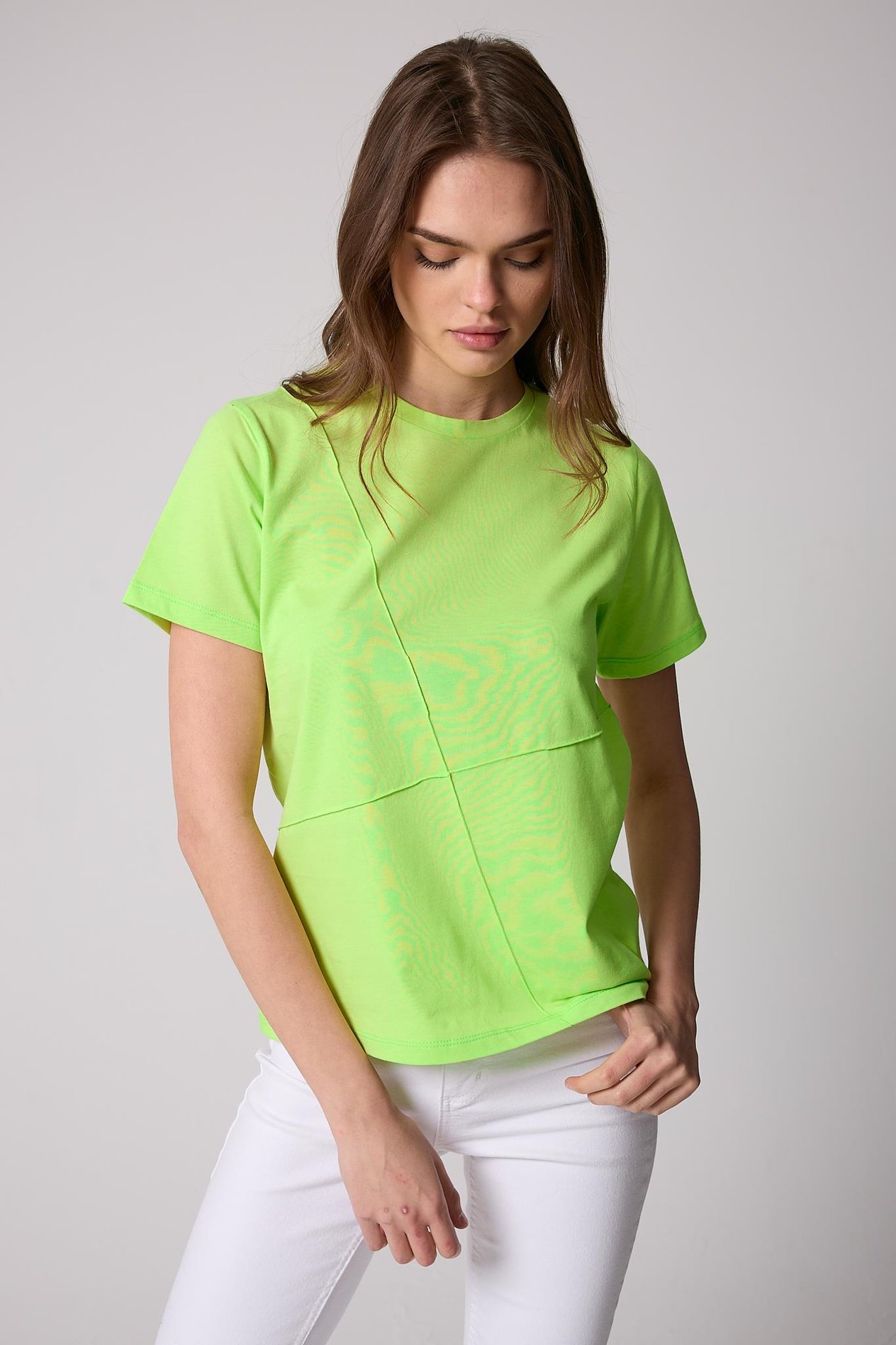 Kadın T-Shirt Neon Yeşil Parçalı Dikiş Detaylı Regular Fit Basic - 2509
