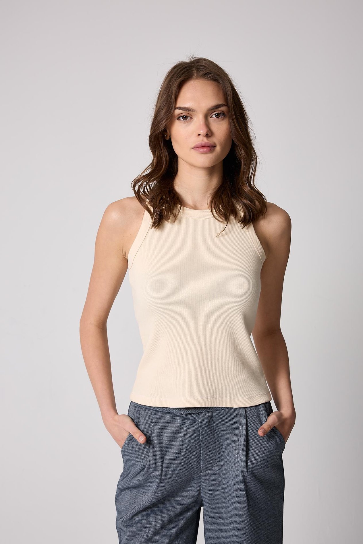 Krem Rengi Halter Yaka Fitilli Görünümlü Kadın Atlet - 2502