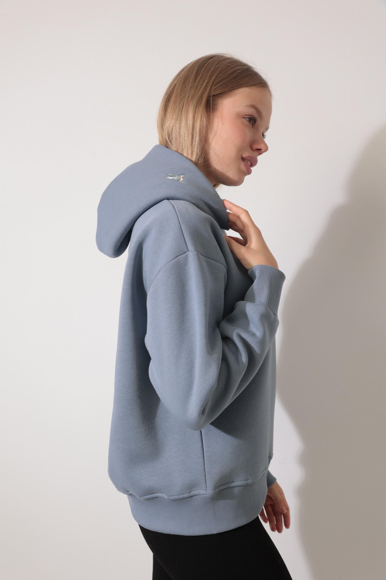 Mavi Sırtı ve Kapüşonu Ankakuşu Nakış İşlemeli Kapüşonlu Sweatshirt - 2437