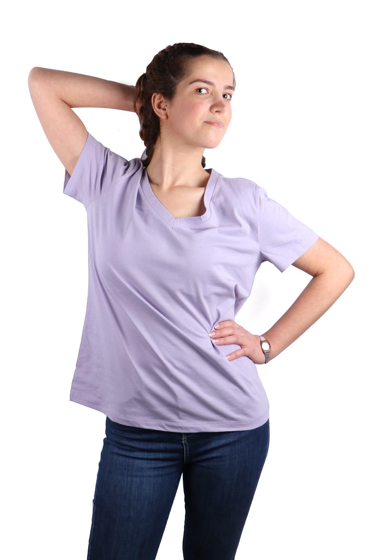 Kadın V Yaka Kısa Kol T-Shirt - Lila