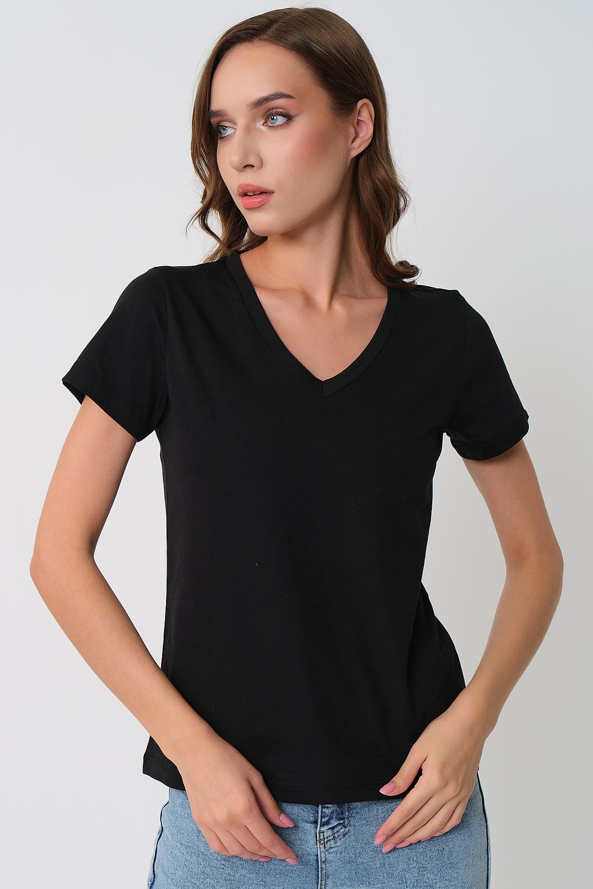 Kadın V Yaka Kısa Kol T-Shirt - Siyah
